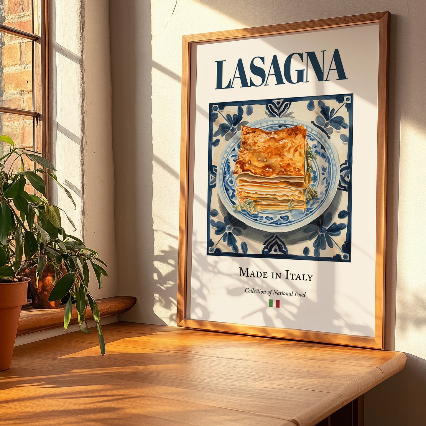 Lasagna – Italian Pasta, Trattoria Print, no-text version framed in wood