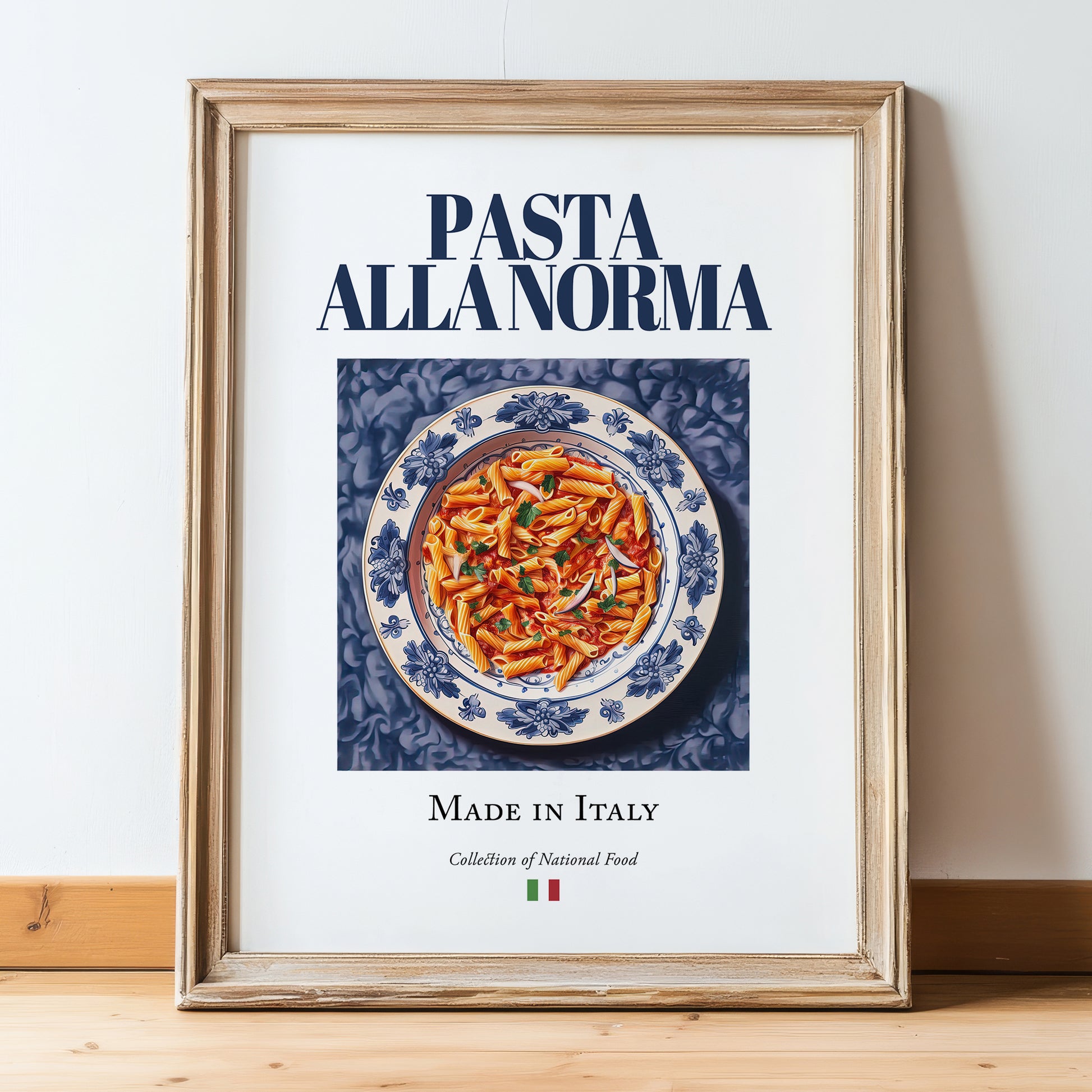 Pasta alla Norma – Italian Pasta, Osteria Wall Art, in wooden frame leaning on the floor