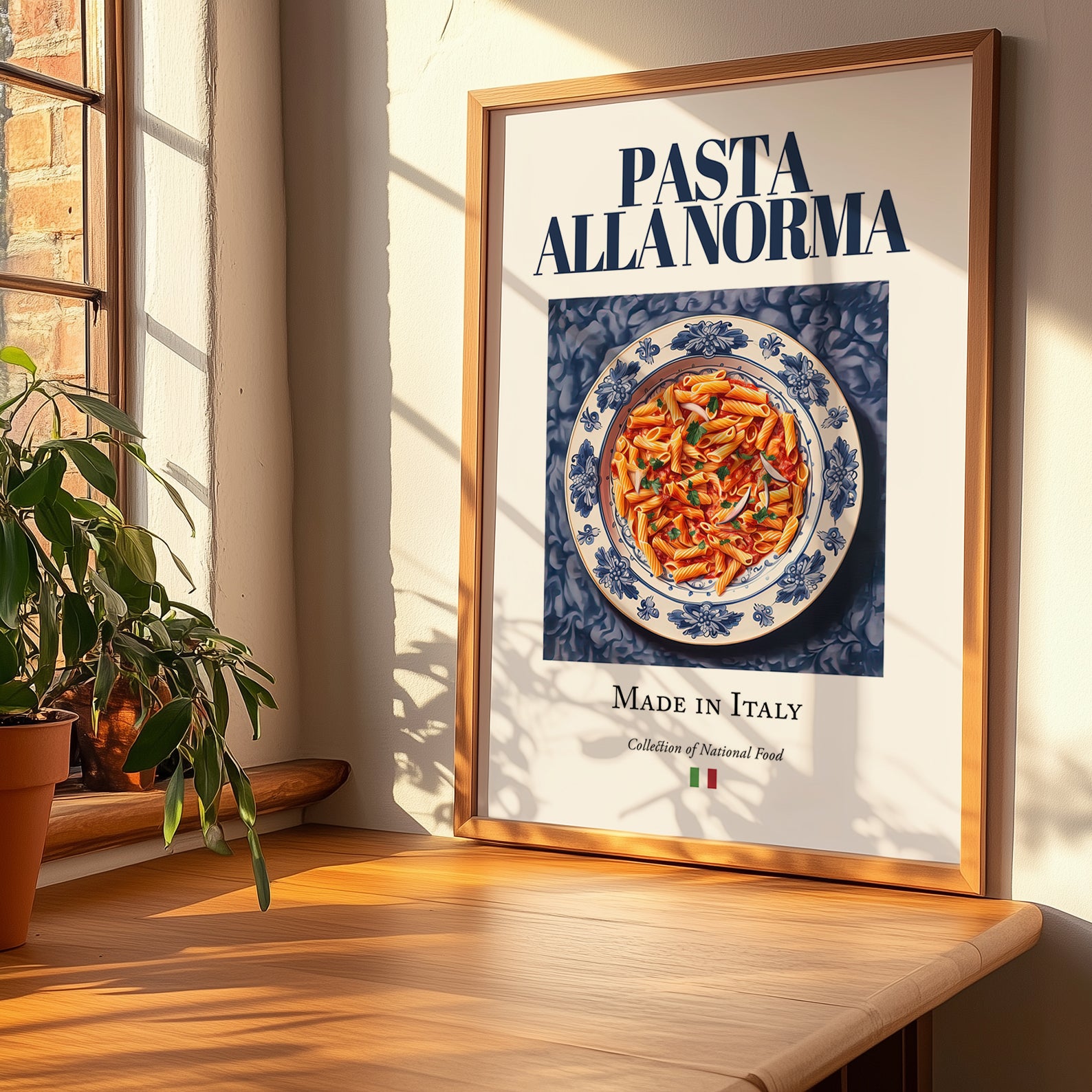Pasta alla Norma – Italian Pasta, Osteria Wall Art, no-text version framed in wood