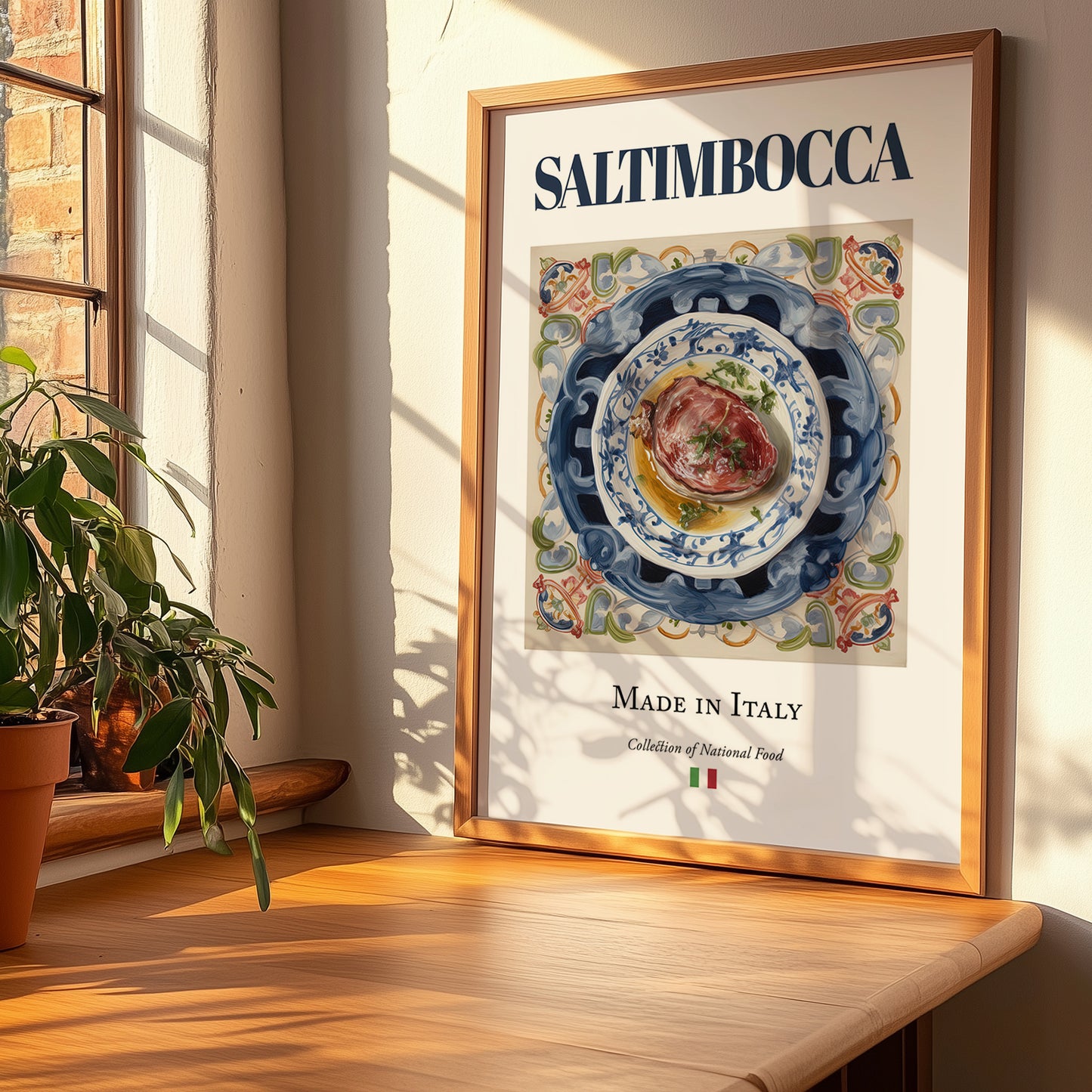 Saltimbocca – Italian Meat Dish, Farmhouse Kitchen Print, no-text version framed in wood