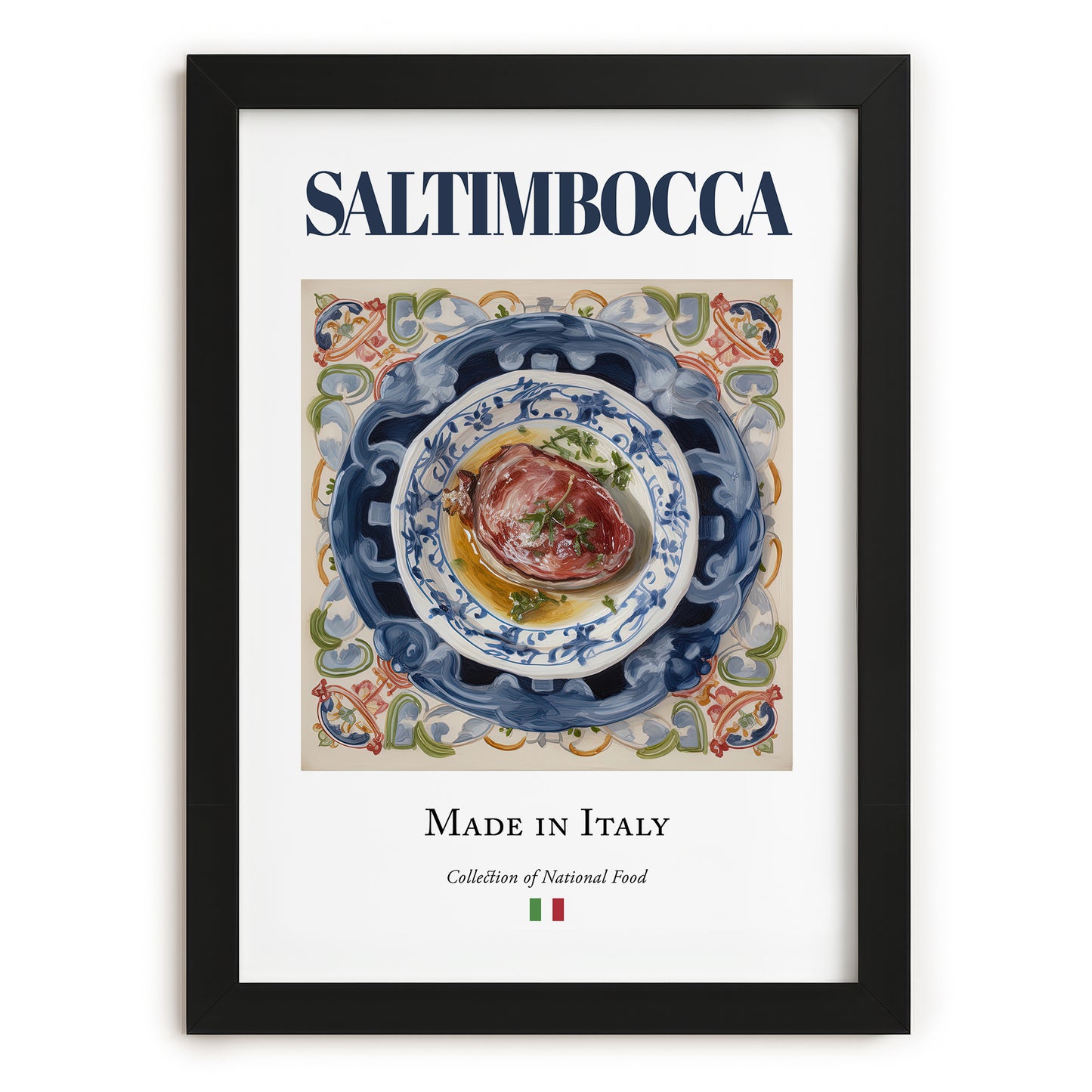 Saltimbocca – Italian Meat Dish, Farmhouse Kitchen Print, in sleek black frame