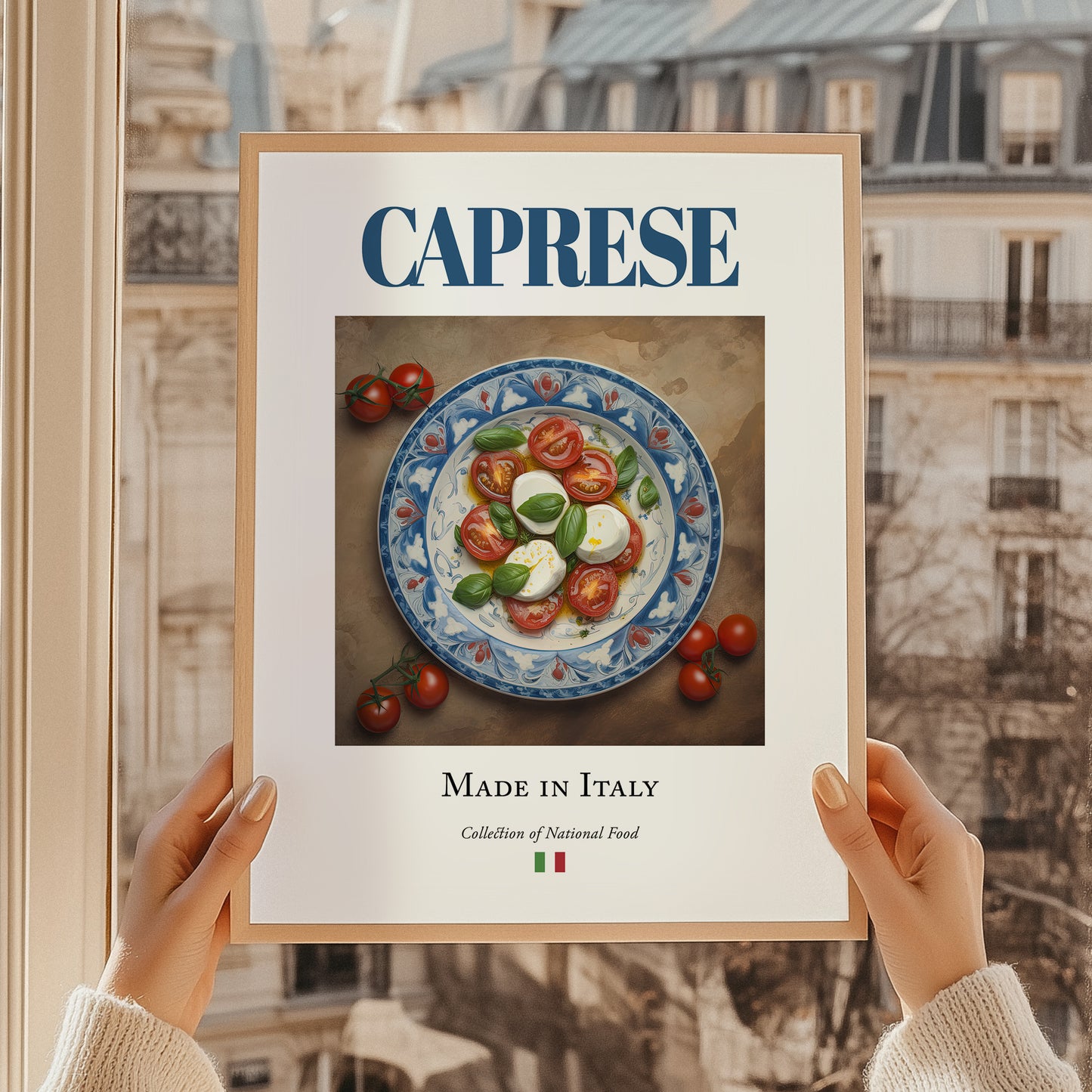 Caprese Salad – Italian Salad Dish, Food Bar Still Life, styled in a charming Paris street view