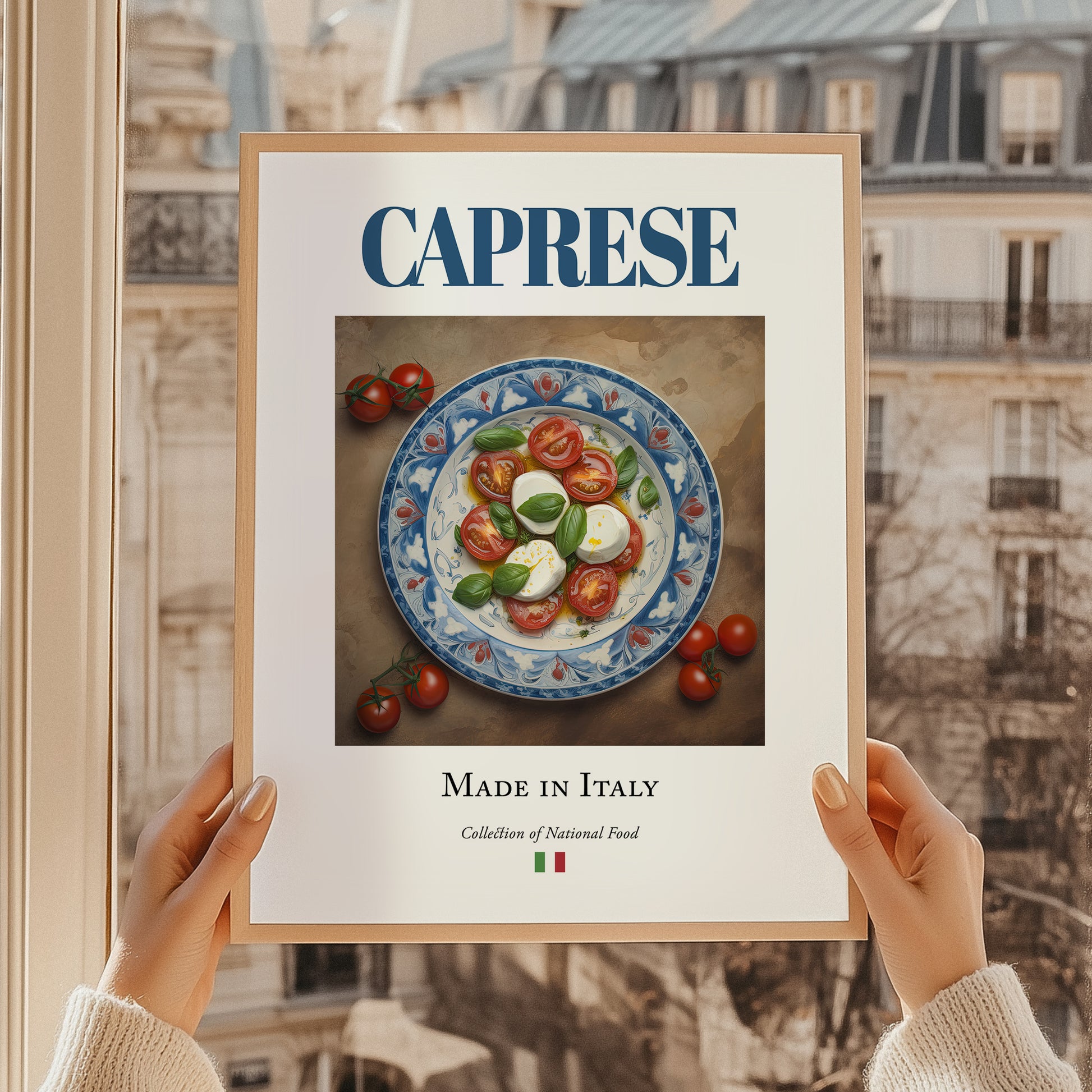 Caprese Salad – Italian Salad Dish, Food Bar Still Life, styled in a charming Paris street view