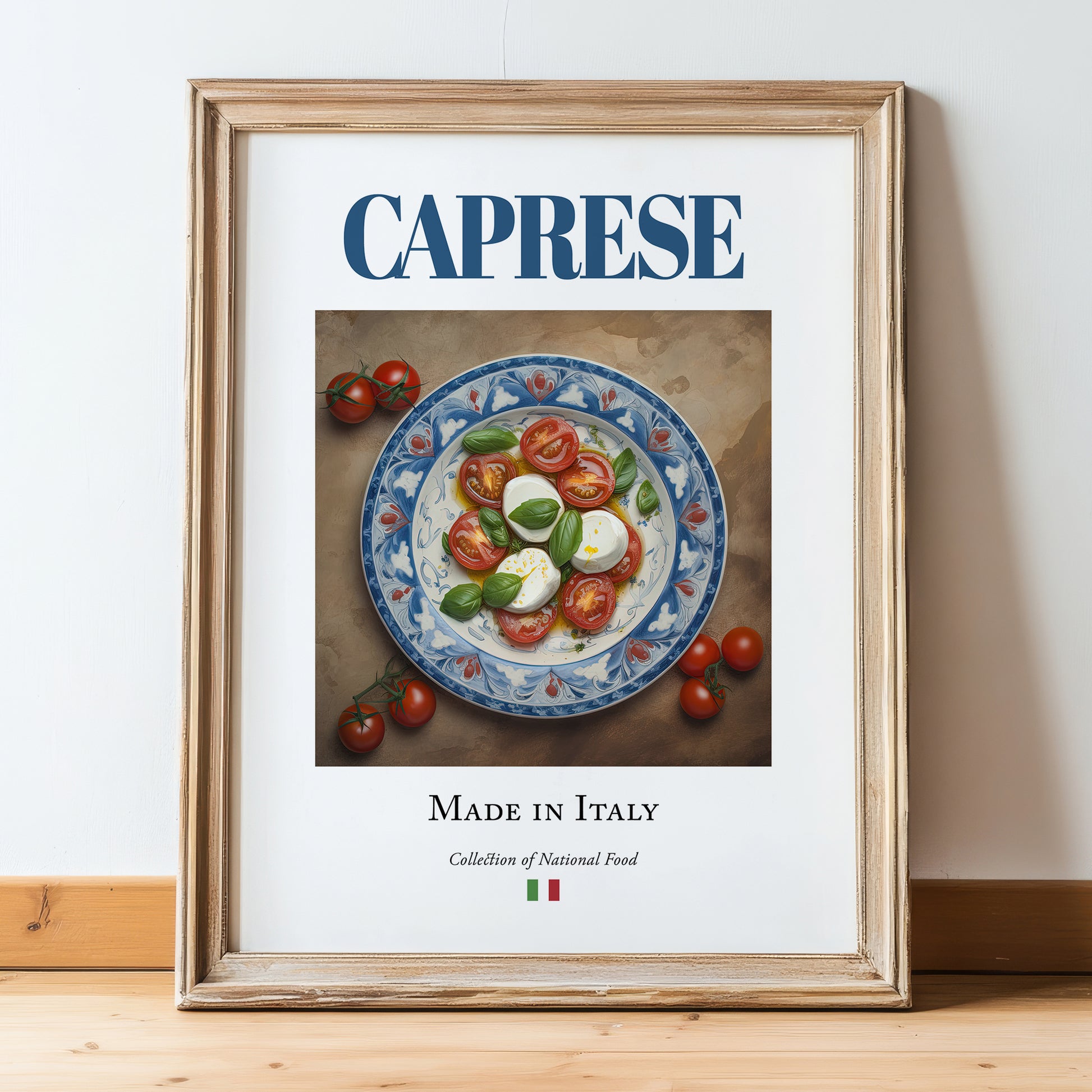 Caprese Salad – Italian Salad Dish, Food Bar Still Life, in wooden frame leaning on the floor