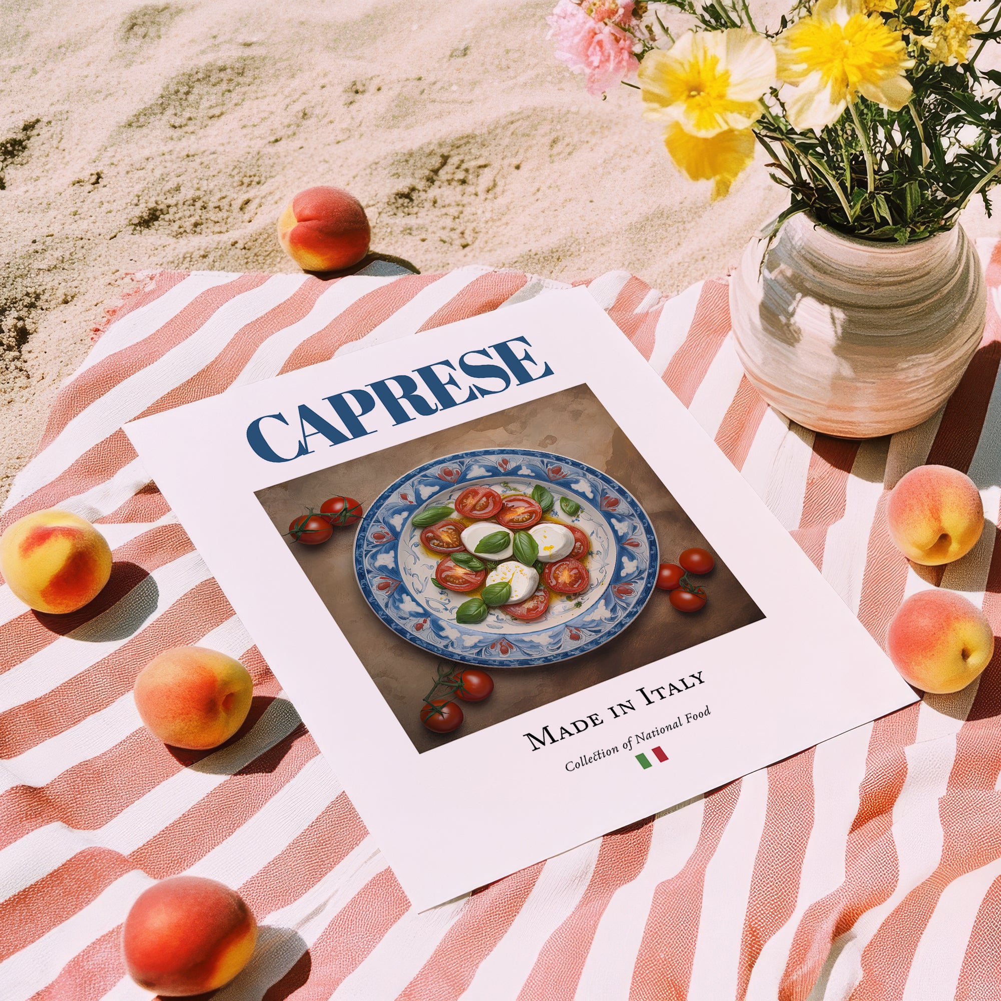Caprese Salad – Italian Salad Dish, Food Bar Still Life, unframed on coastal sand