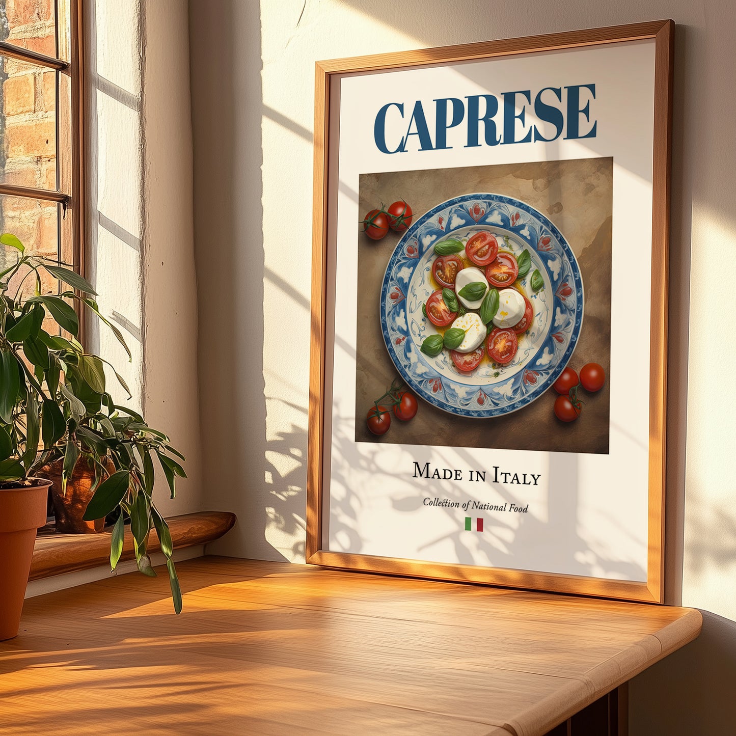 Caprese Salad – Italian Salad Dish, Food Bar Still Life, no-text version framed in wood