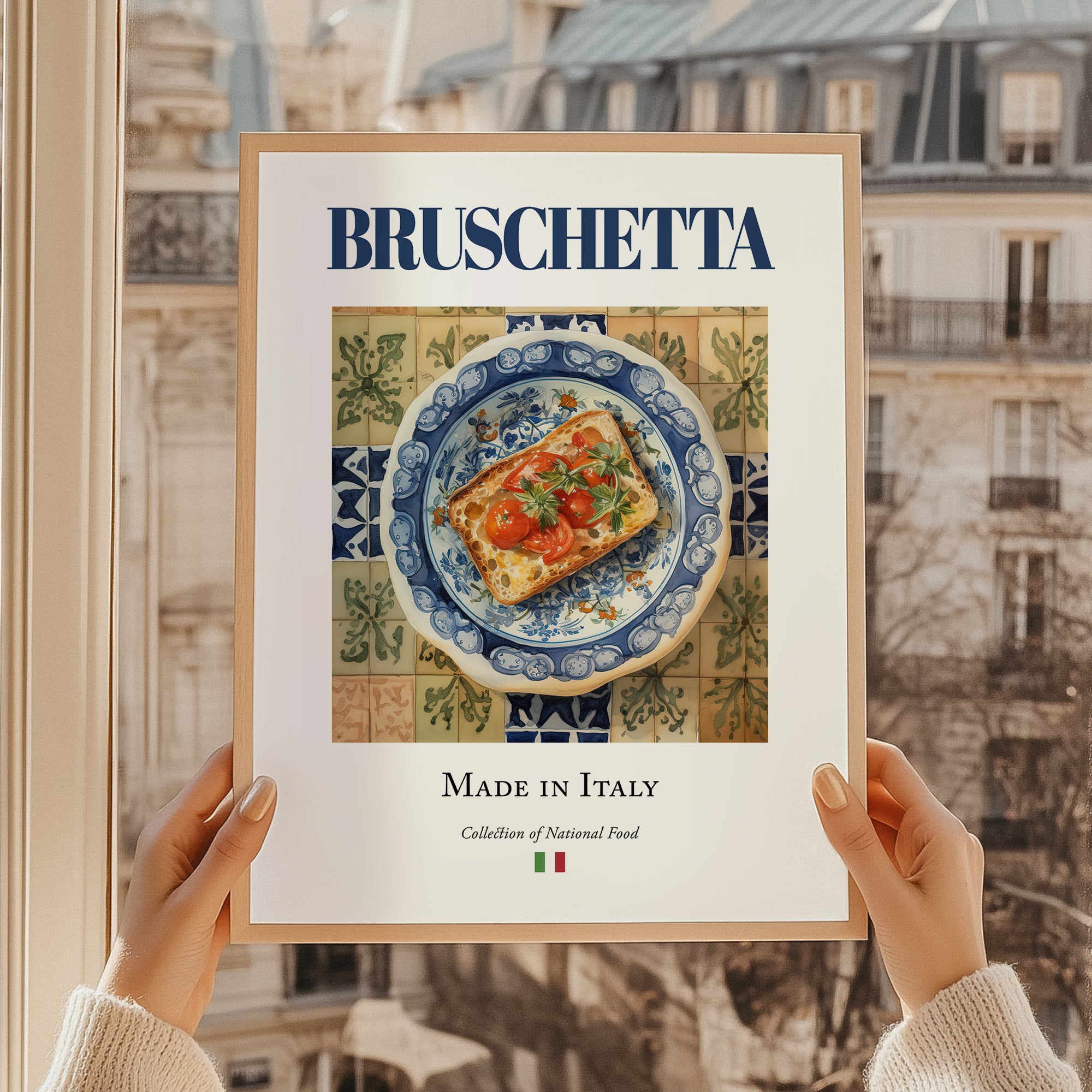 Bruschetta – Italian Snack Dish, Café Wall Art, styled in a charming Paris street view