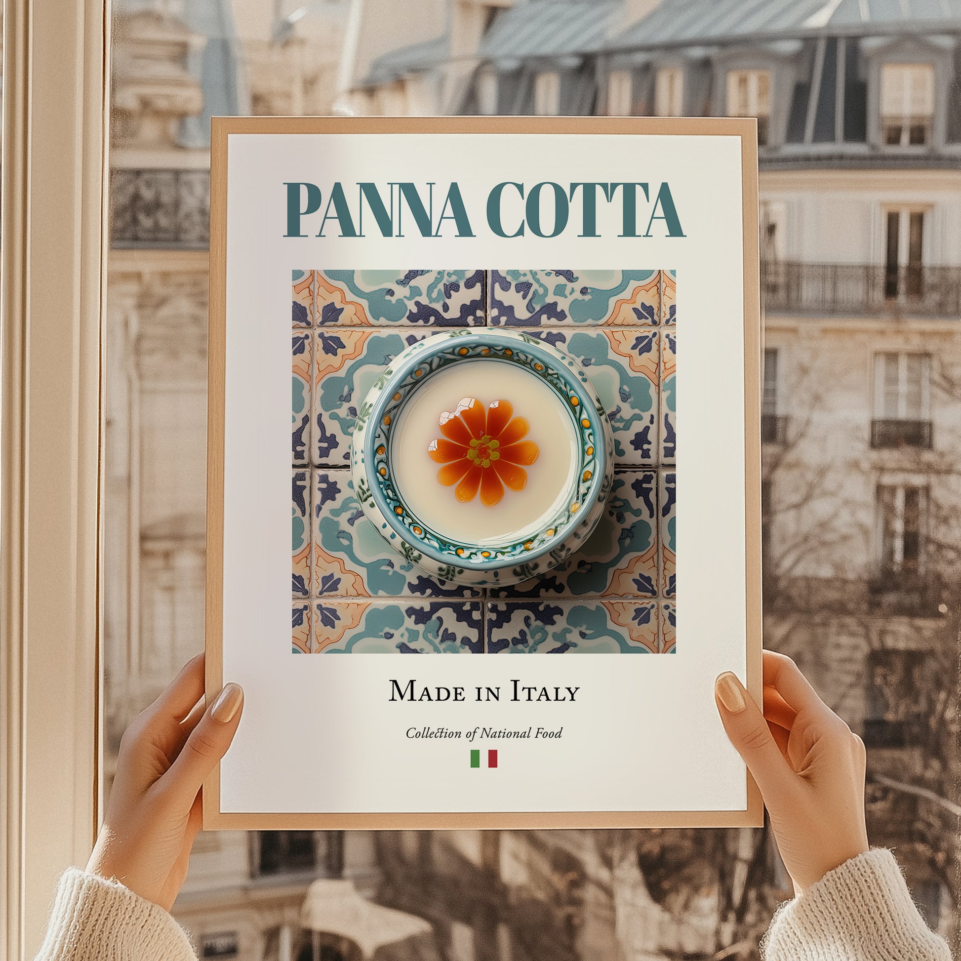 Panna Cotta – Italian Dessert Dish, Brasserie Poster, styled in a charming Paris street view