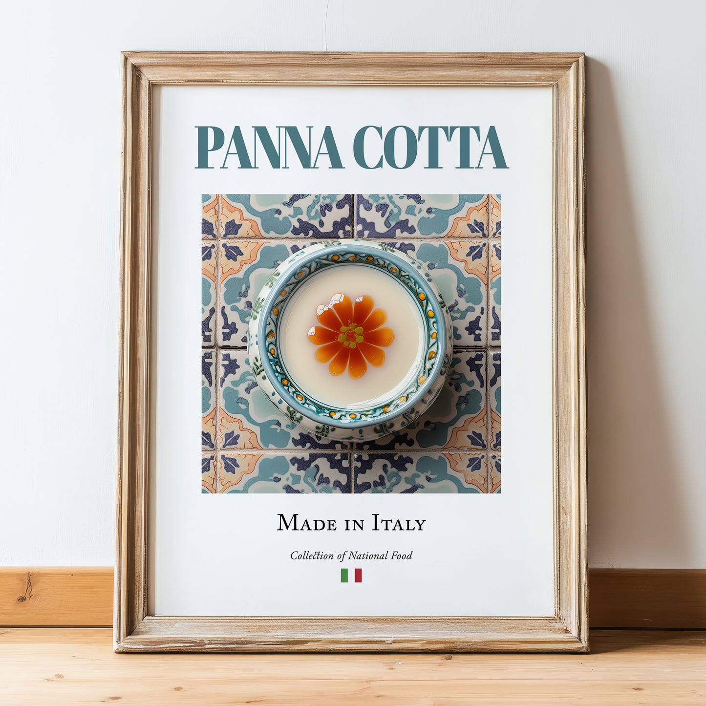 Panna Cotta – Italian Dessert Dish, Brasserie Poster, in wooden frame leaning on the floor