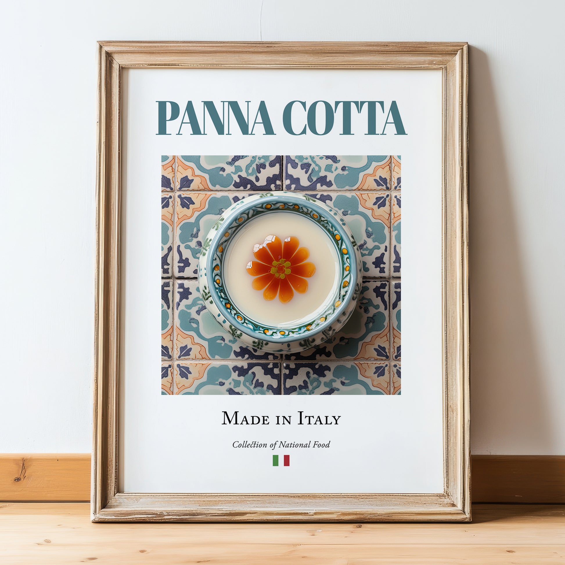 Panna Cotta – Italian Dessert Dish, Brasserie Poster, in wooden frame leaning on the floor