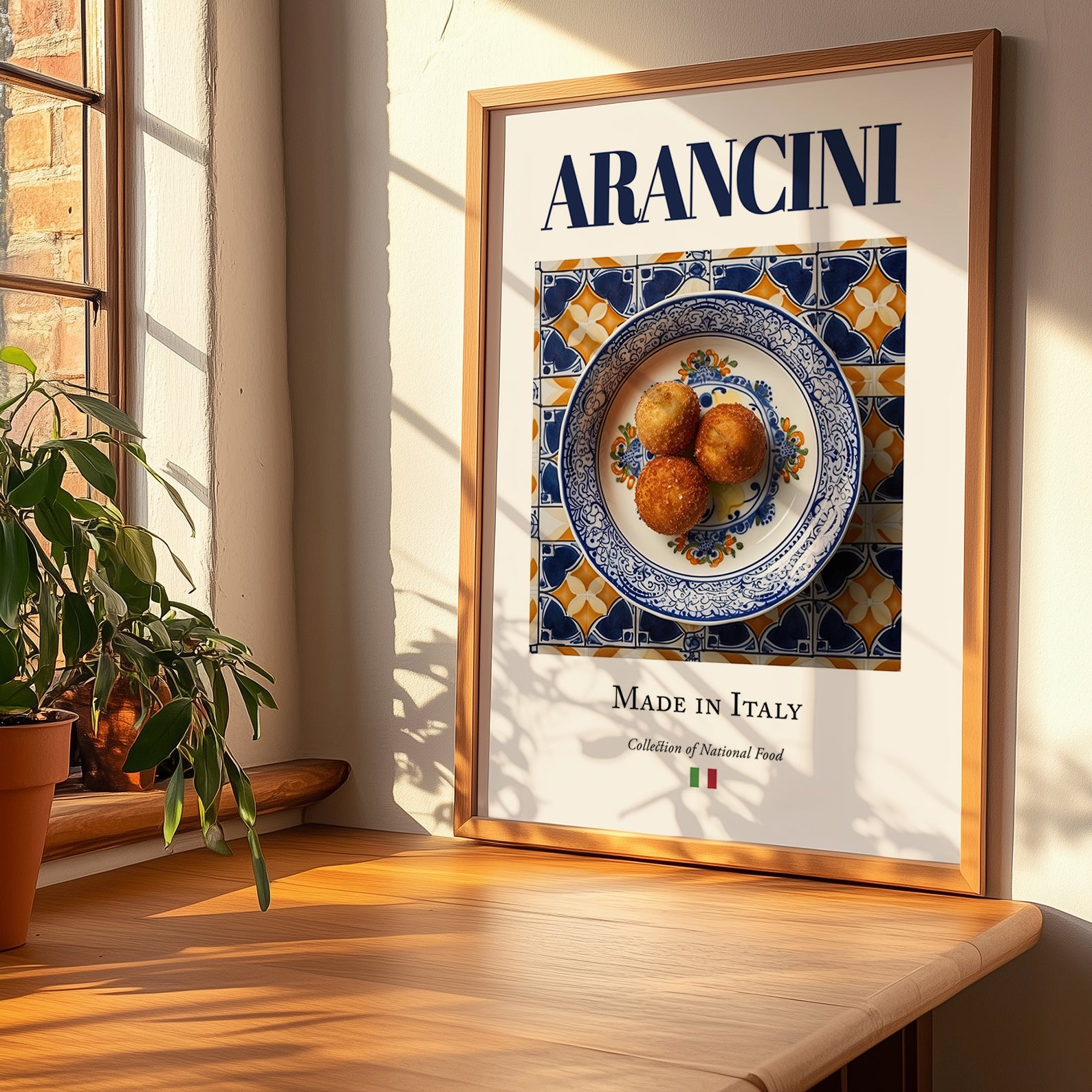Arancini – Italian Snack Dish, Farmhouse Kitchen Poster, no-text version framed in wood