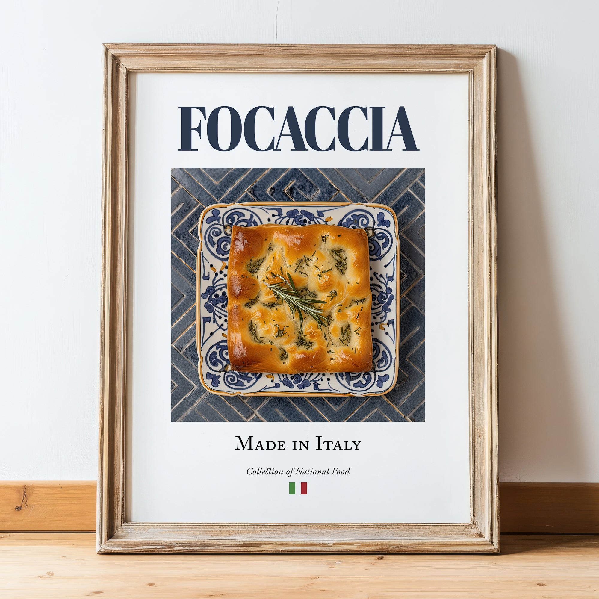 Focaccia – Italian Bread Dish, Tavern Still Life, in wooden frame leaning on the floor