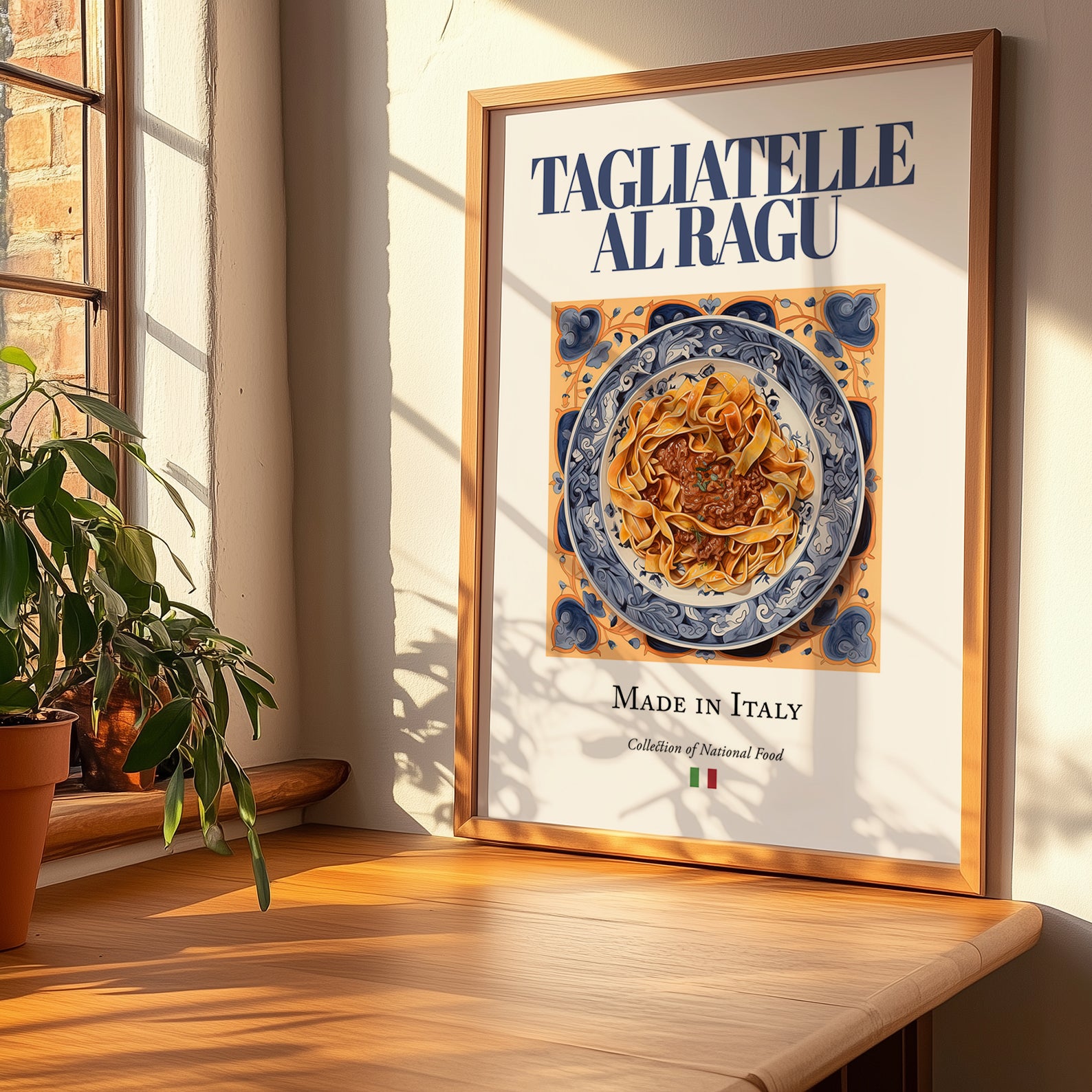 Tagliatelle al Ragu – Italian Pasta, Osteria Print, no-text version framed in wood