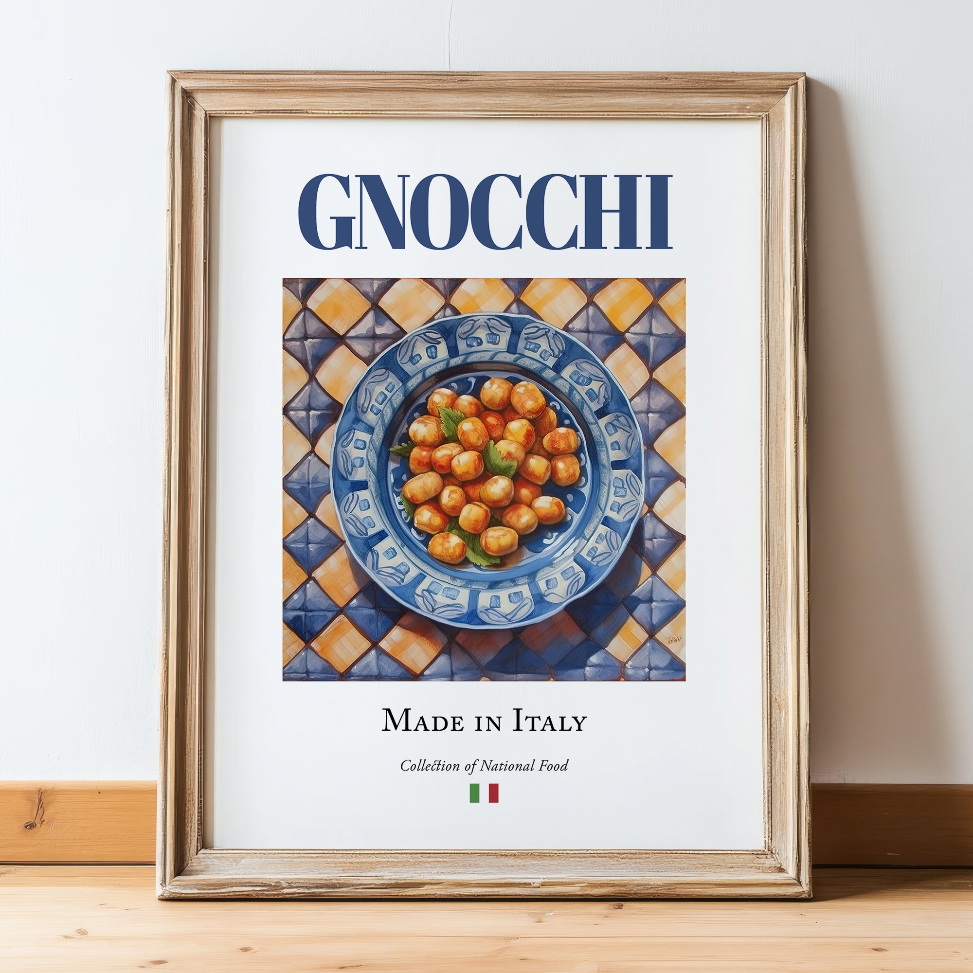 Gnocchi – Italian Pasta, Trattoria Poster, in wooden frame leaning on the floor