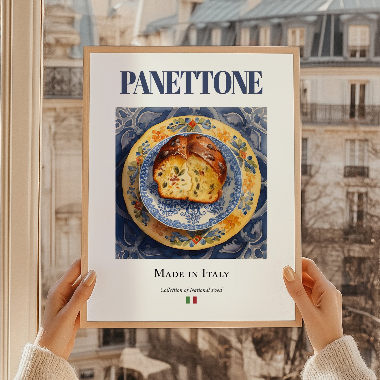 Panettone – Italian Dessert Dish, Fine Dining Restaurant Painting, styled in a charming Paris street view