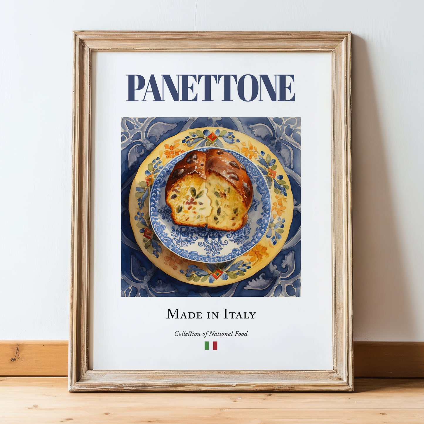 Panettone – Italian Dessert Dish, Fine Dining Restaurant Painting, in wooden frame leaning on the floor