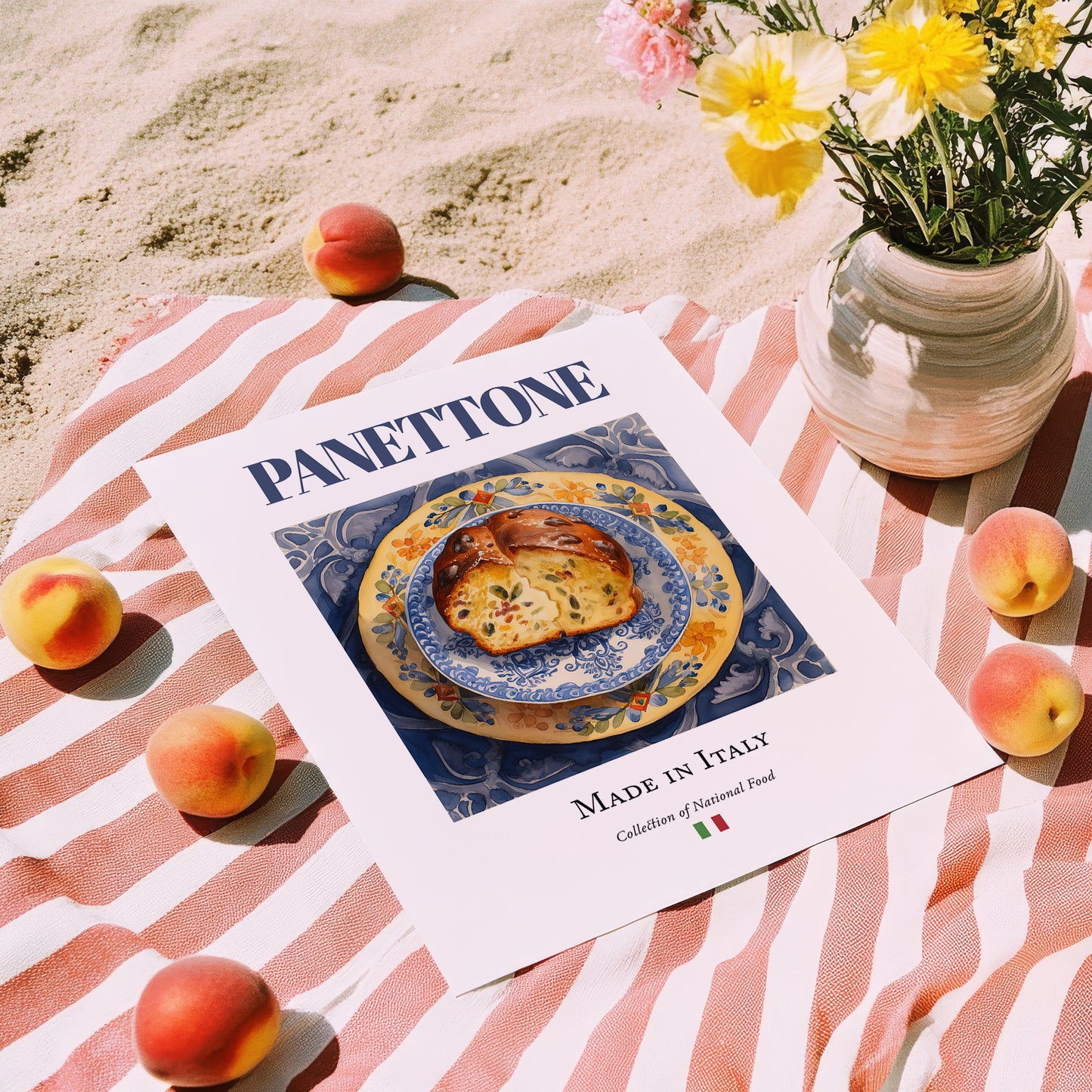 Panettone – Italian Dessert Dish, Fine Dining Restaurant Painting, unframed on coastal sand