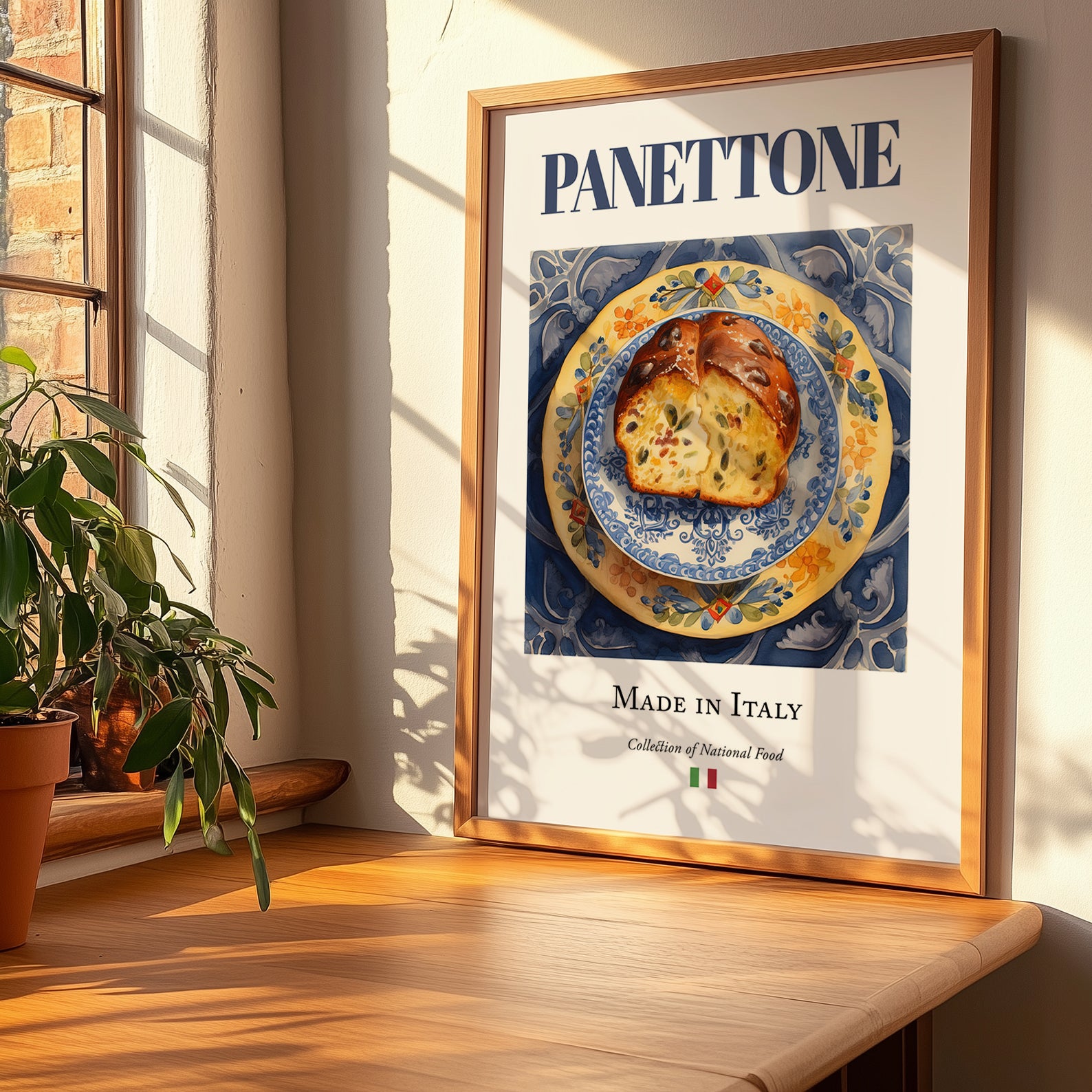 Panettone – Italian Dessert Dish, Fine Dining Restaurant Painting, no-text version framed in wood