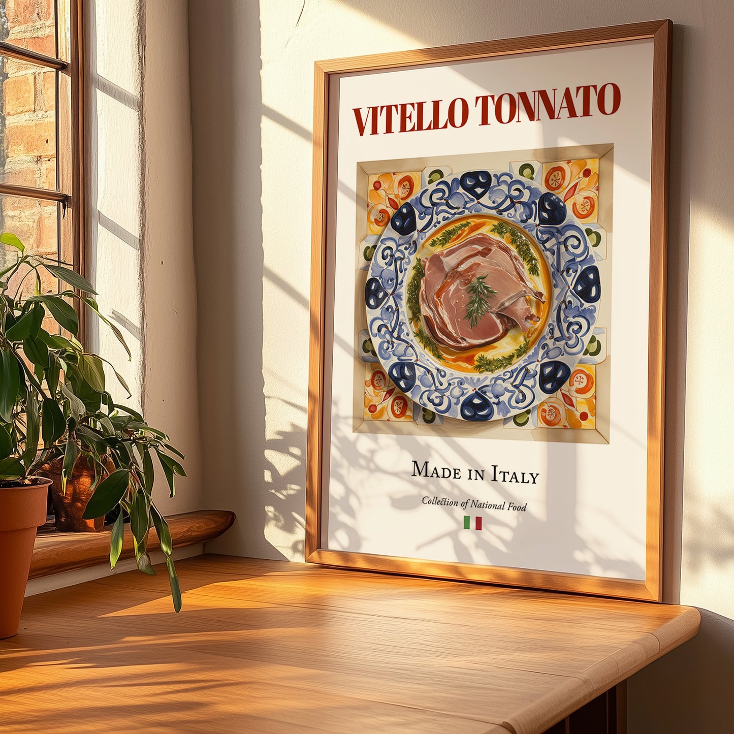 Vitello Tonnato – Italian Meat Dish, Restaurant Painting, no-text version framed in wood