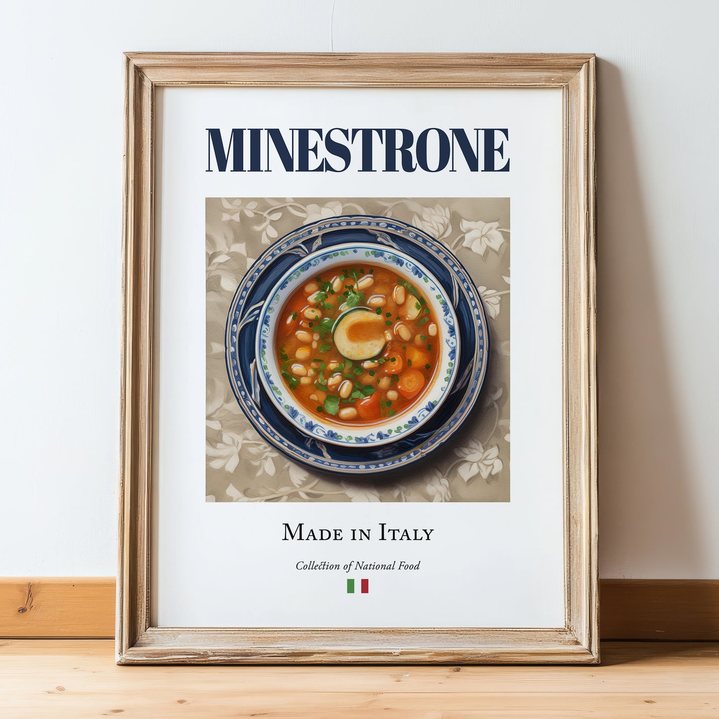 Minestrone – Italian Soup Dish, Restaurant Wall Art, in wooden frame leaning on the floor