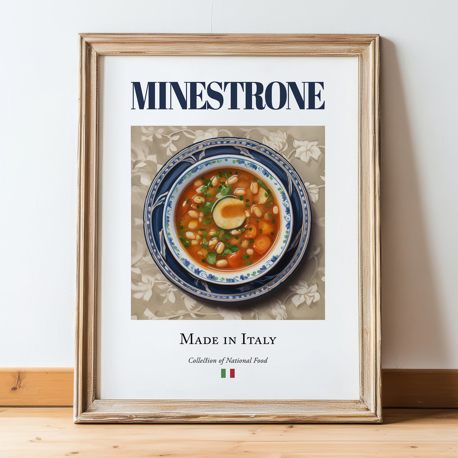 Minestrone – Italian Soup Dish, Restaurant Wall Art, in wooden frame leaning on the floor