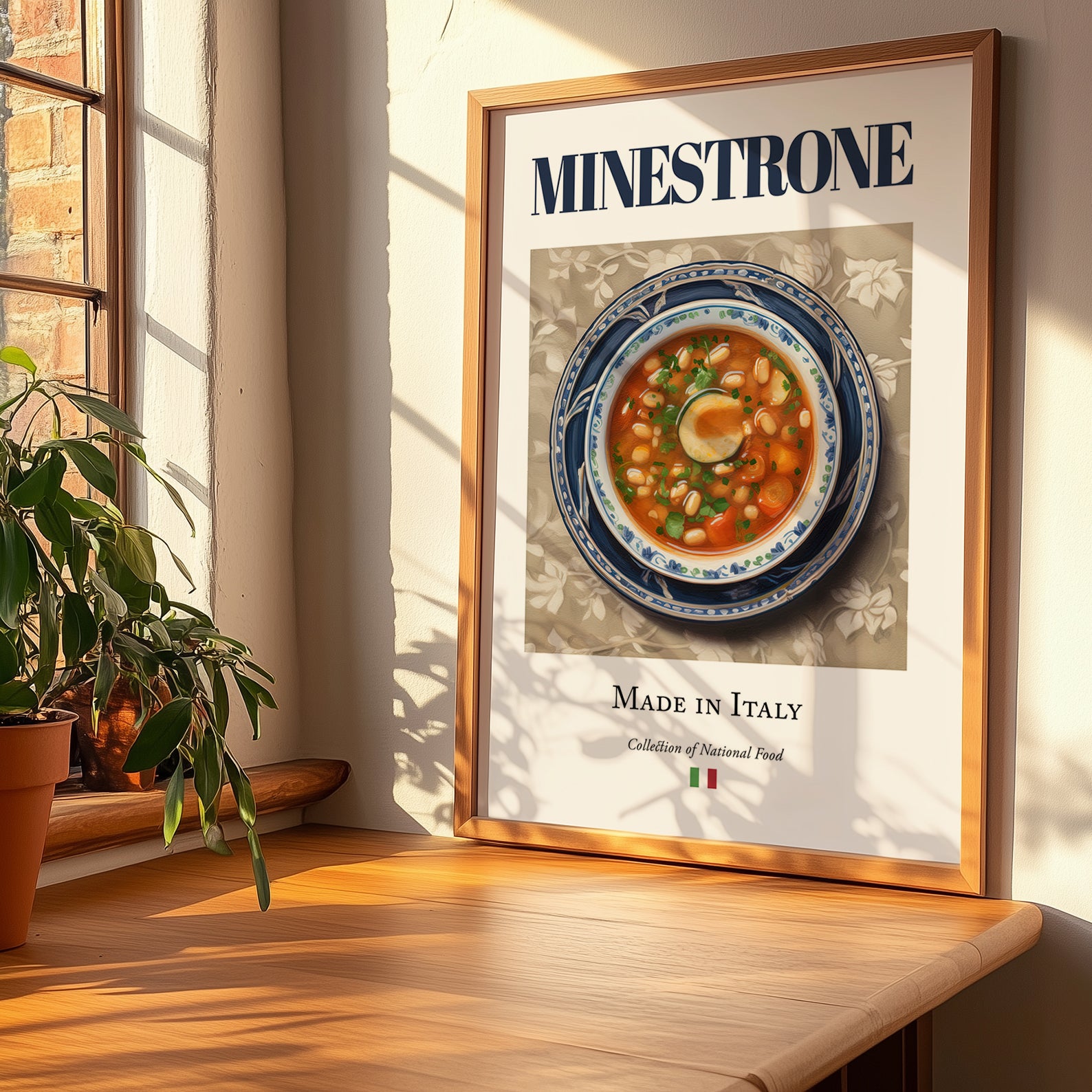 Minestrone – Italian Soup Dish, Restaurant Wall Art, no-text version framed in wood