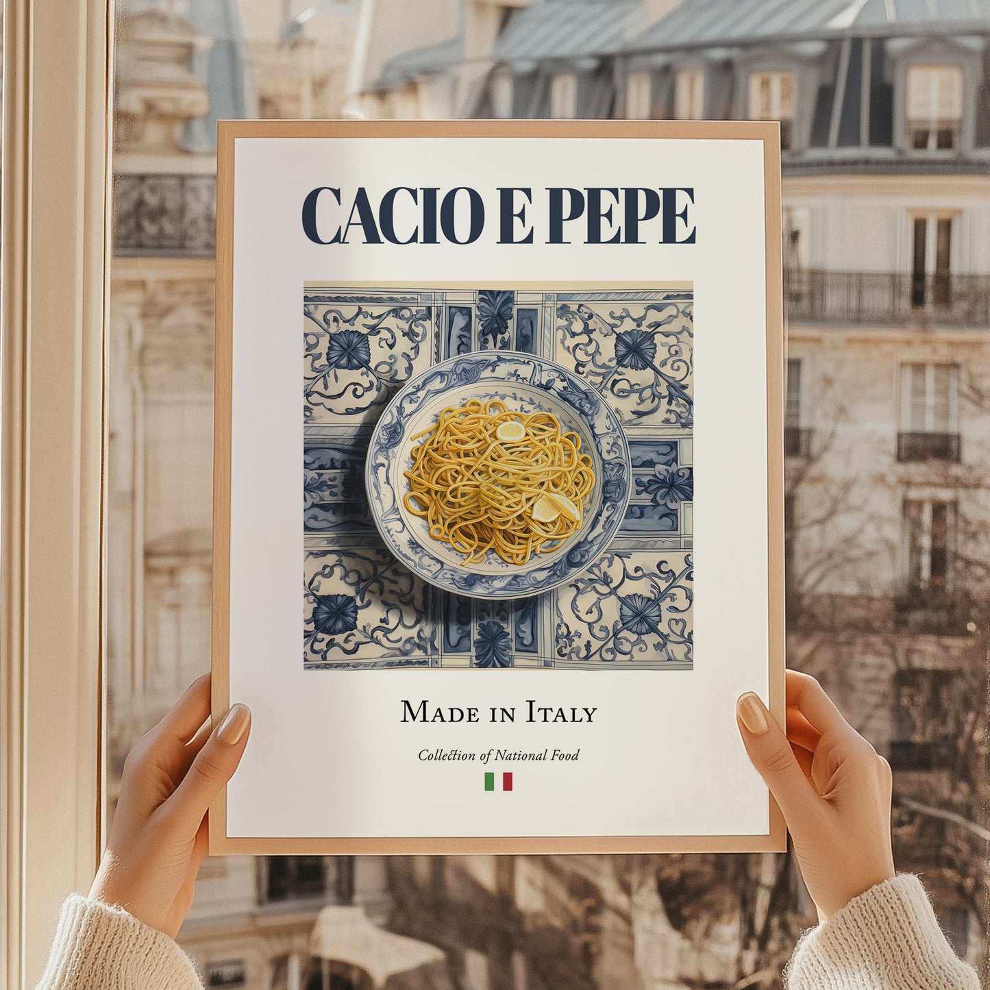 Cacio e Pepe – Italian Pasta, Osteria Illustration, styled in a charming Paris street view