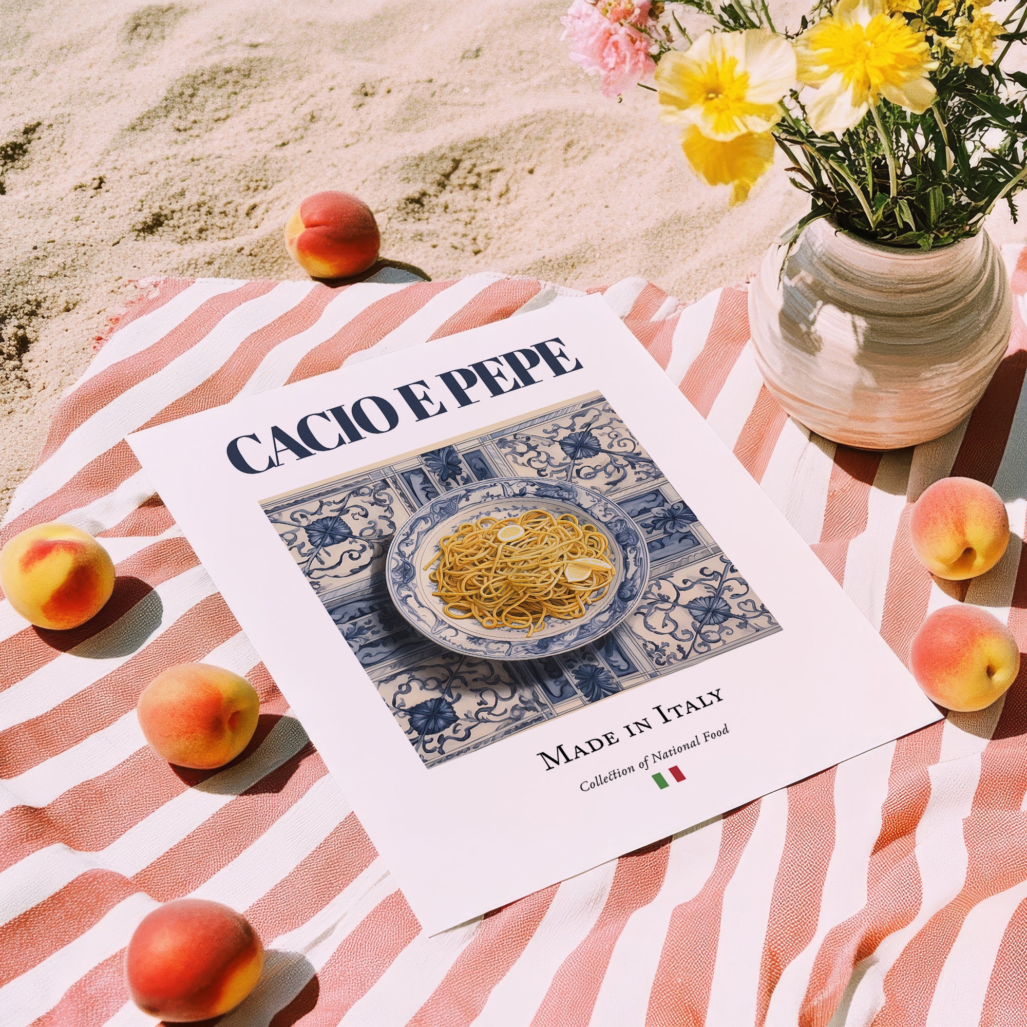 Cacio e Pepe – Italian Pasta, Osteria Illustration, unframed on coastal sand