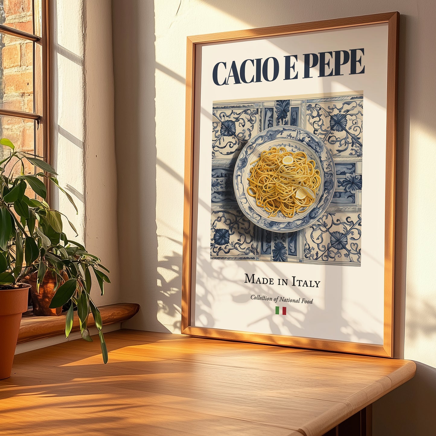Cacio e Pepe – Italian Pasta, Osteria Illustration, no-text version framed in wood