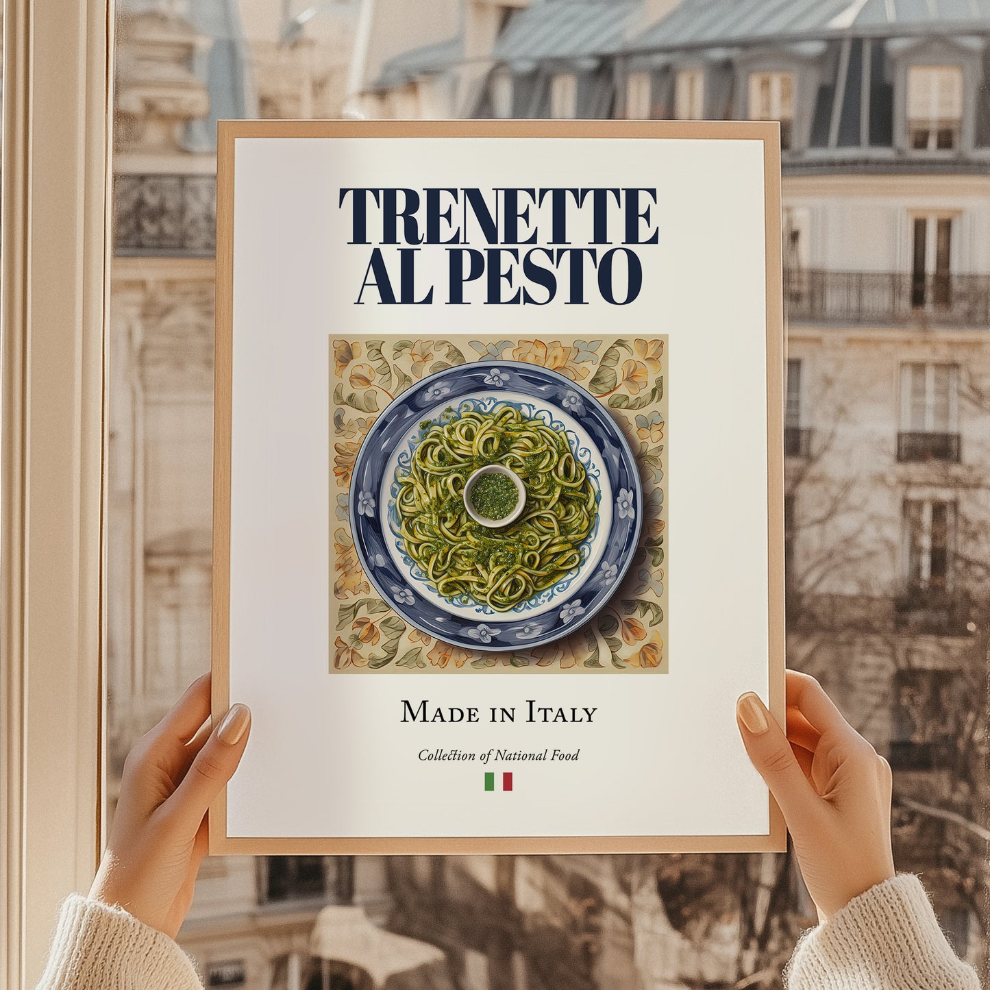 Trenette al Pesto – Italian Pasta, Trattoria Wall Art, styled in a charming Paris street view