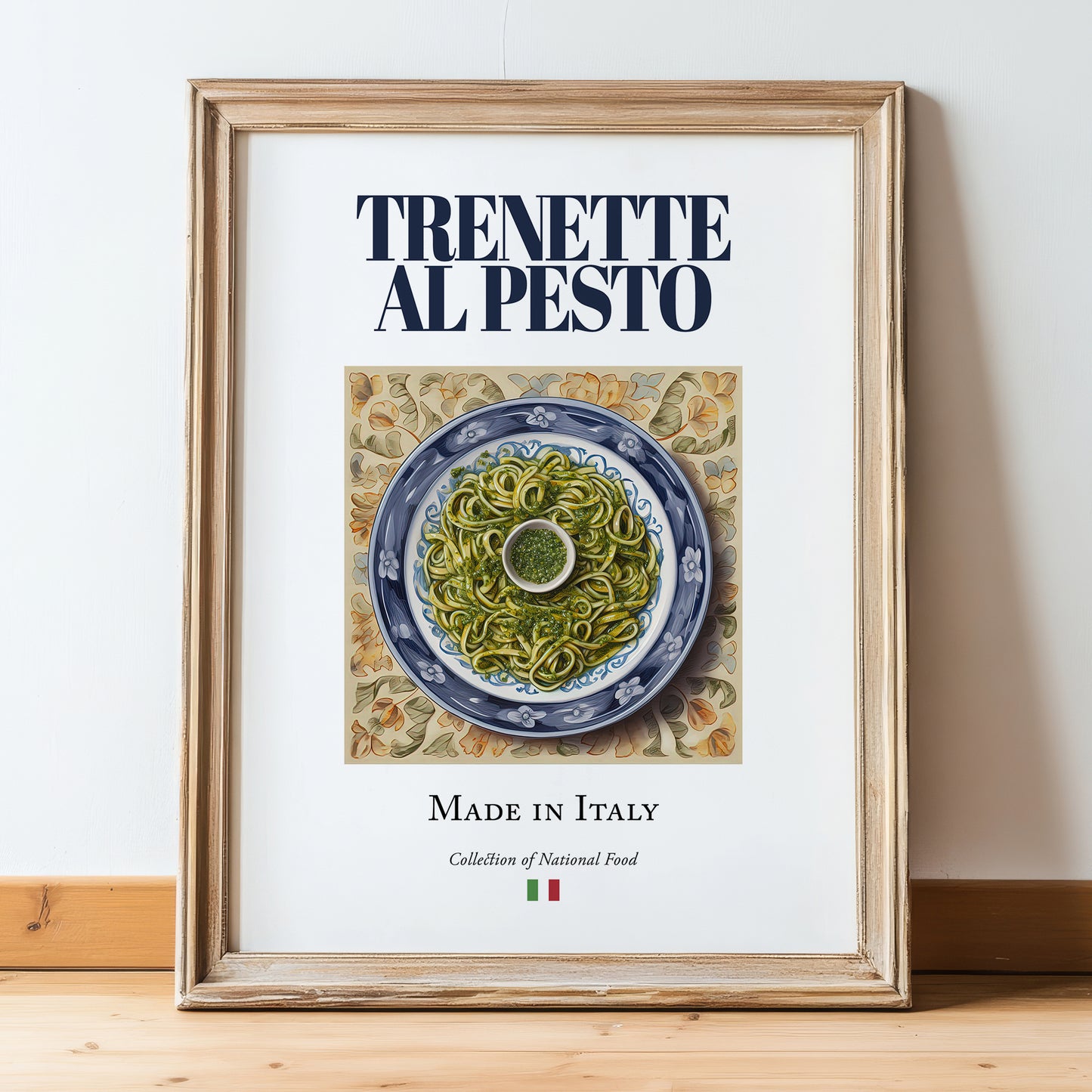 Trenette al Pesto – Italian Pasta, Trattoria Wall Art, in wooden frame leaning on the floor