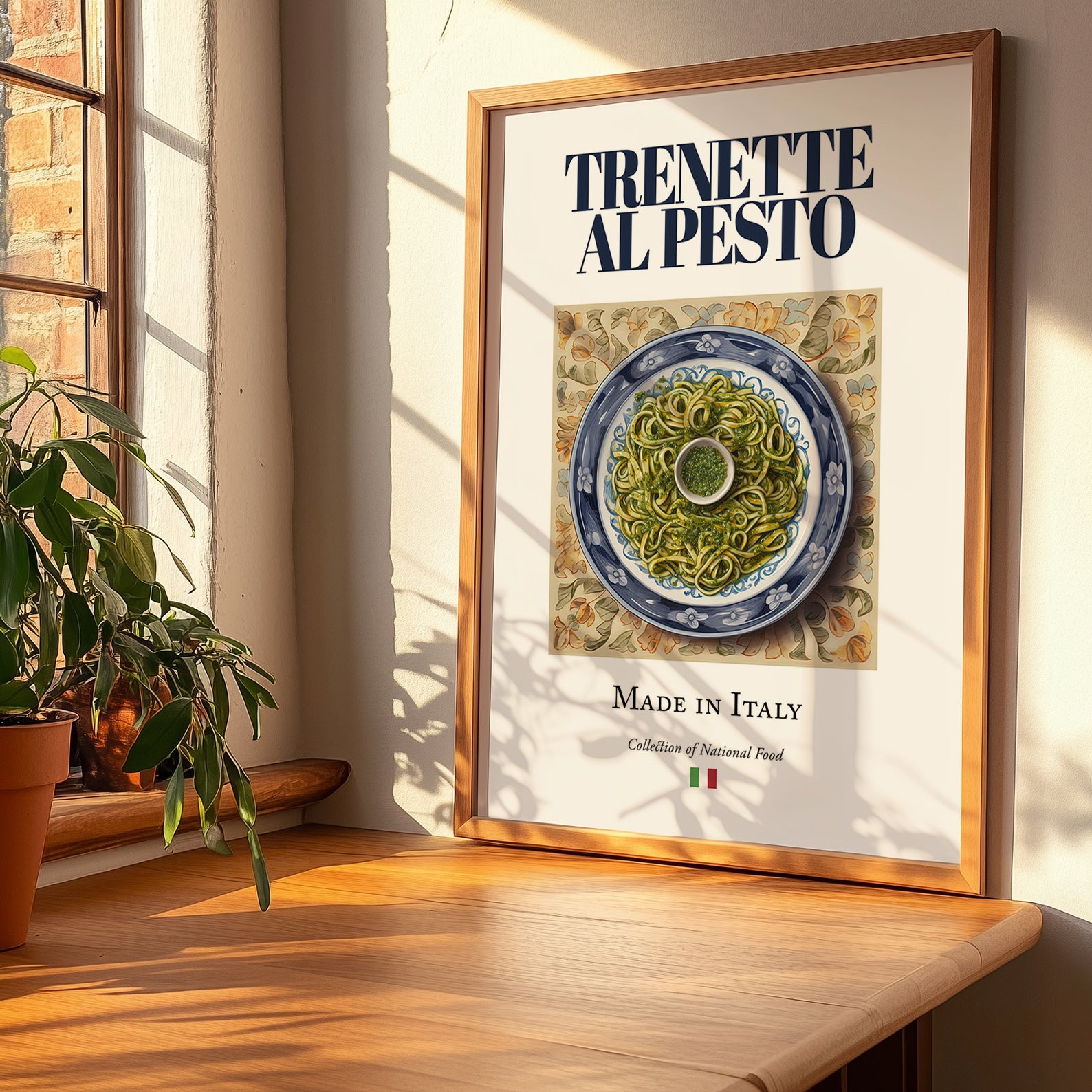 Trenette al Pesto – Italian Pasta, Trattoria Wall Art, no-text version framed in wood