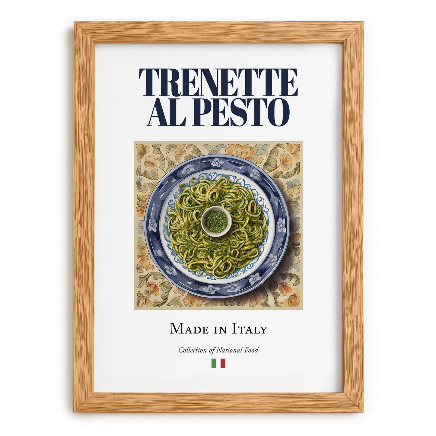 Trenette al Pesto – Italian Pasta, Trattoria Wall Art, set in oak frame