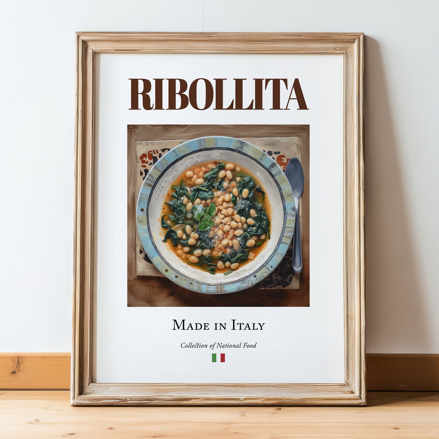 Ribollita – Italian Soup Dish, Food Bar Print, in wooden frame leaning on the floor