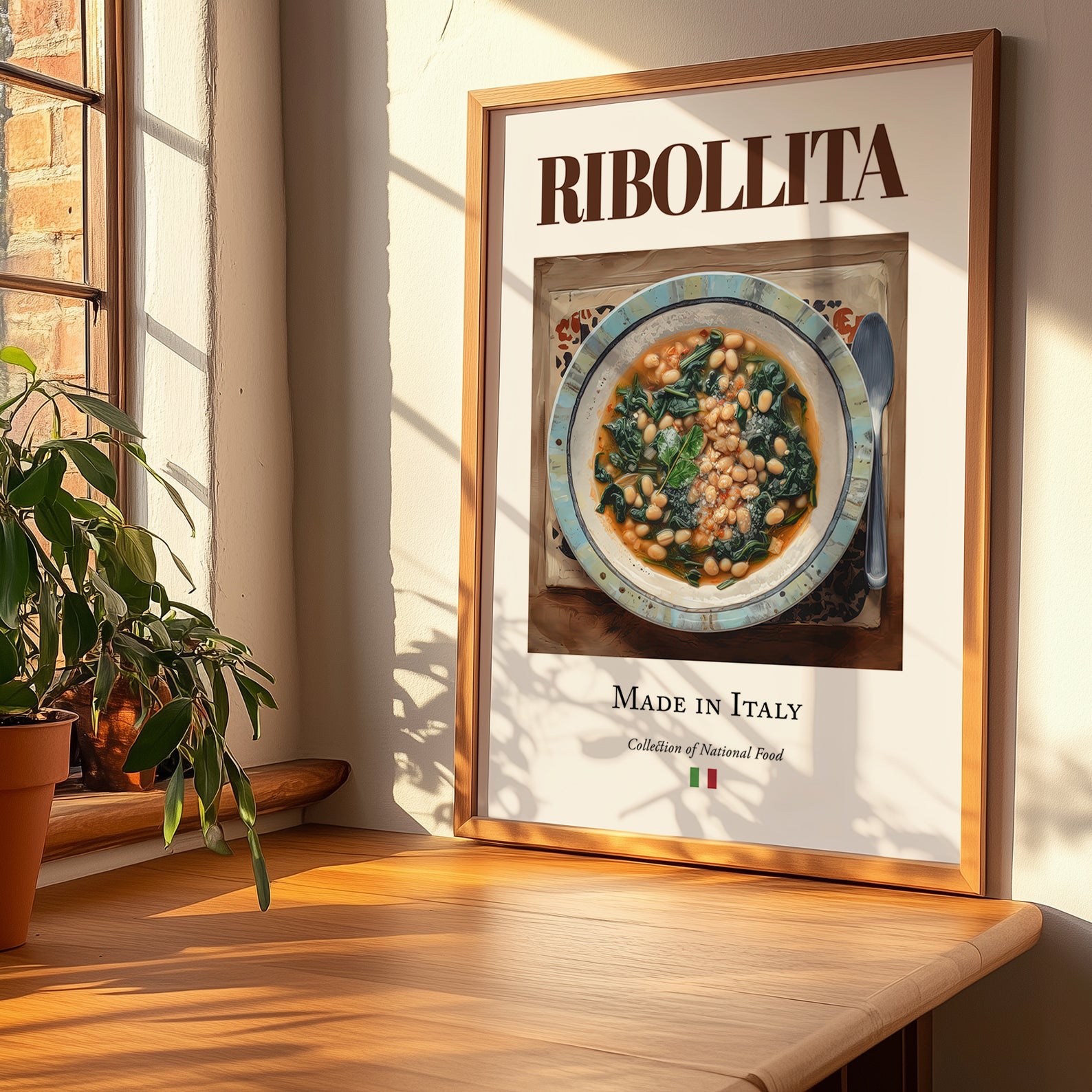Ribollita – Italian Soup Dish, Food Bar Print, no-text version framed in wood