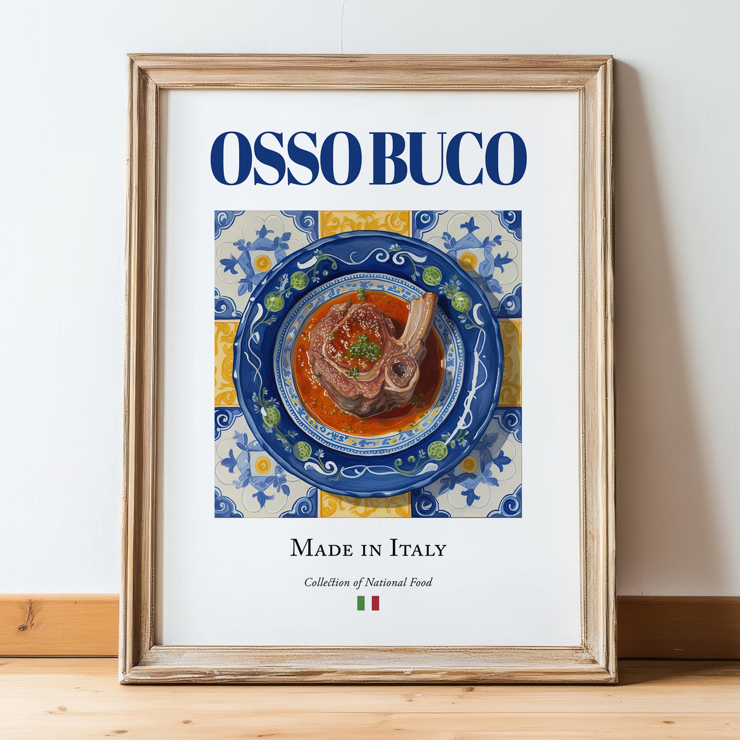 Osso Buco – Italian Meat Dish, Tavern Poster, in wooden frame leaning on the floor