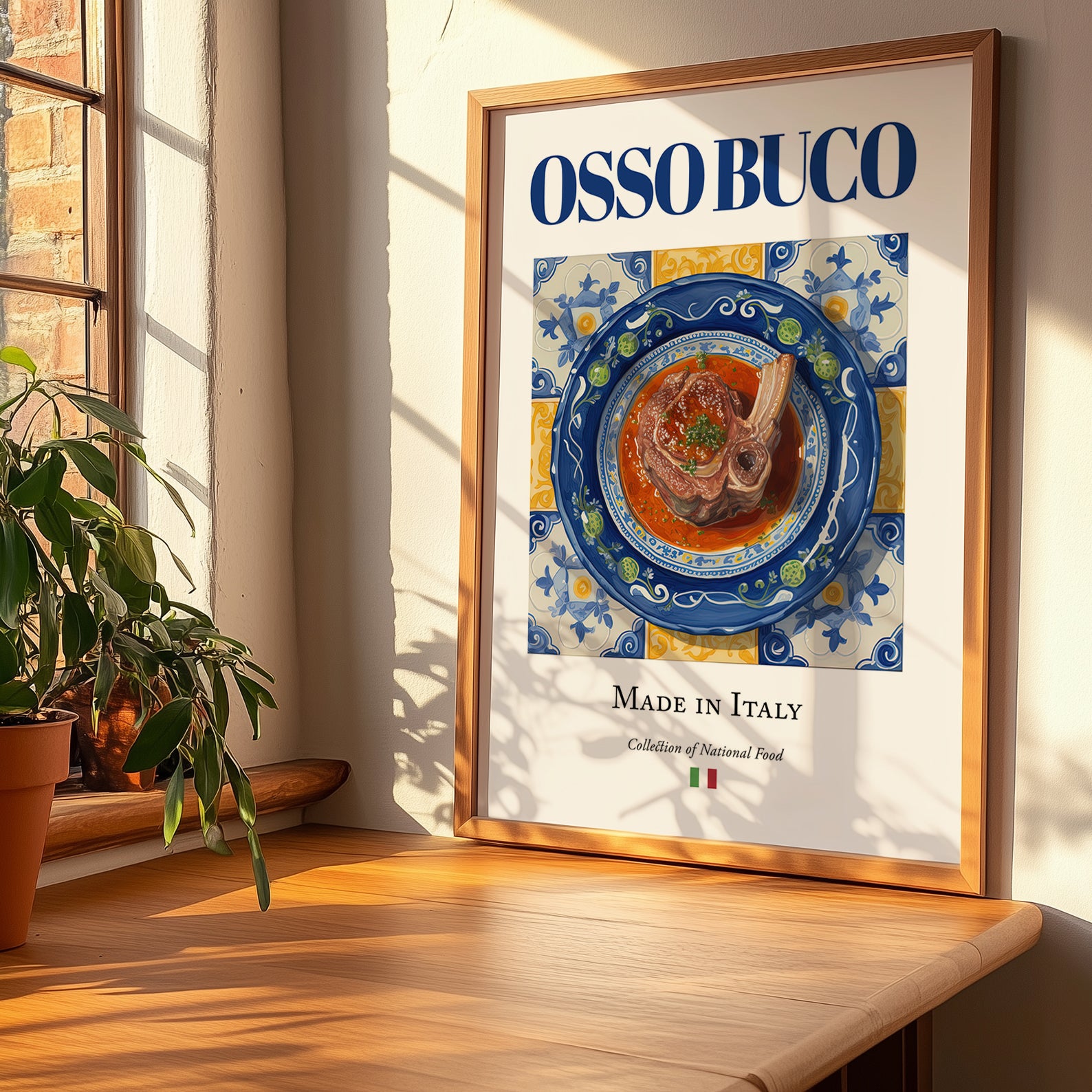 Osso Buco – Italian Meat Dish, Tavern Poster, no-text version framed in wood