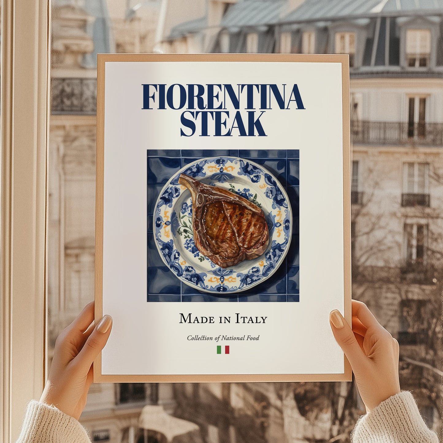 Fiorentina Steak – Italian Meat Dish, Farmhouse Kitchen Print, styled in a charming Paris street view