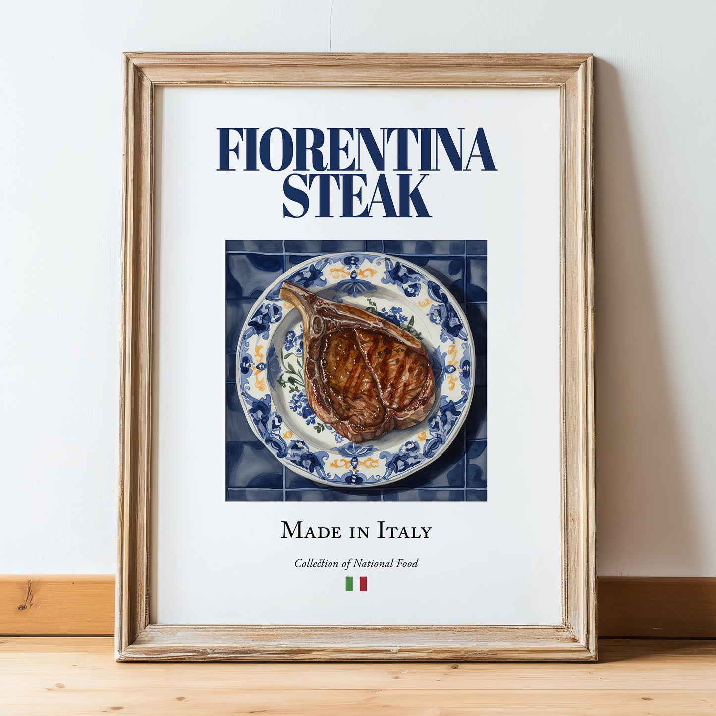 Fiorentina Steak – Italian Meat Dish, Farmhouse Kitchen Print, in wooden frame leaning on the floor
