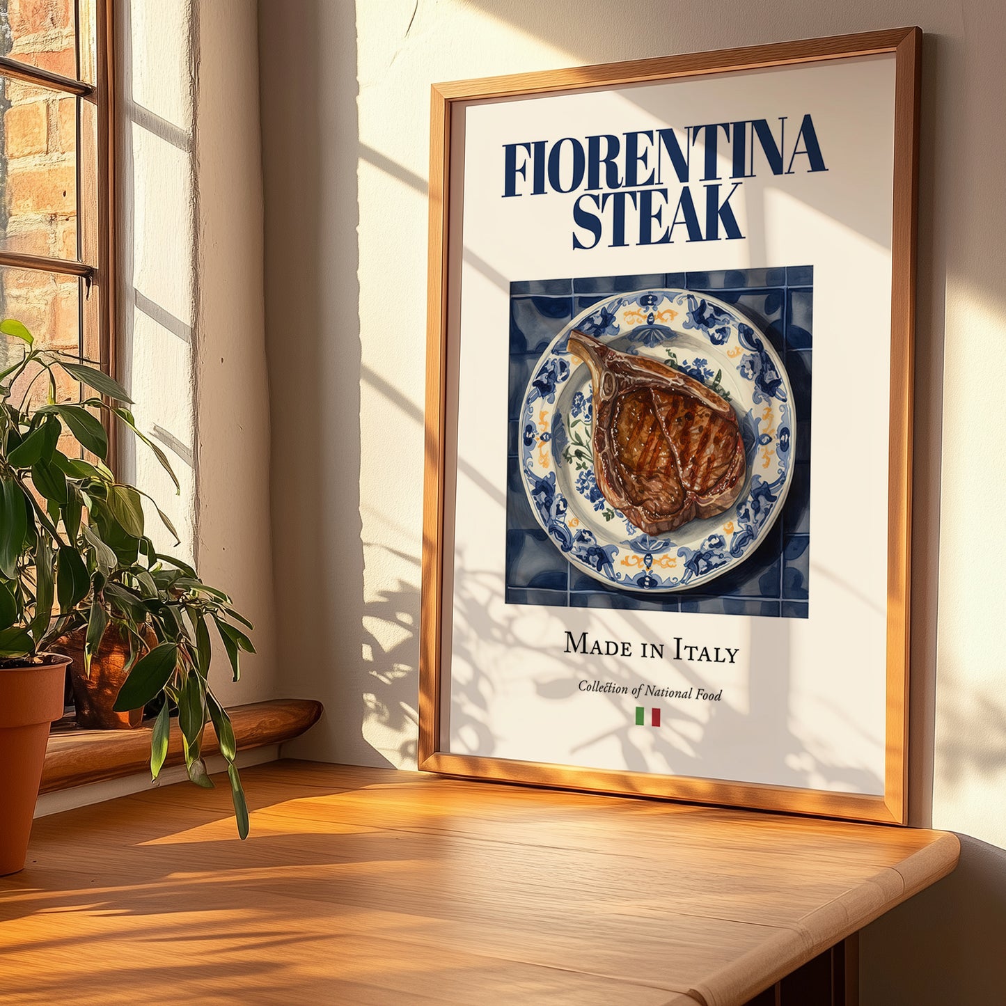 Fiorentina Steak – Italian Meat Dish, Farmhouse Kitchen Print, no-text version framed in wood