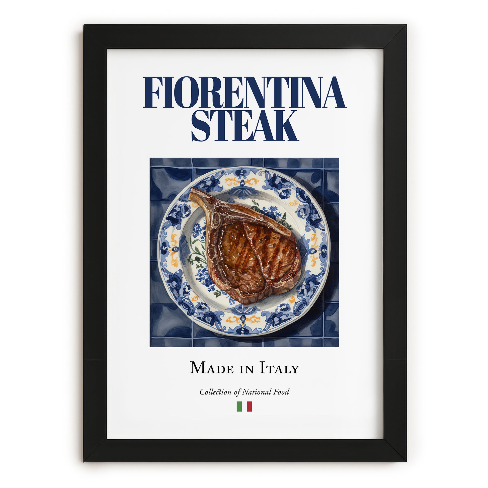 Fiorentina Steak – Italian Meat Dish, Farmhouse Kitchen Print, in sleek black frame