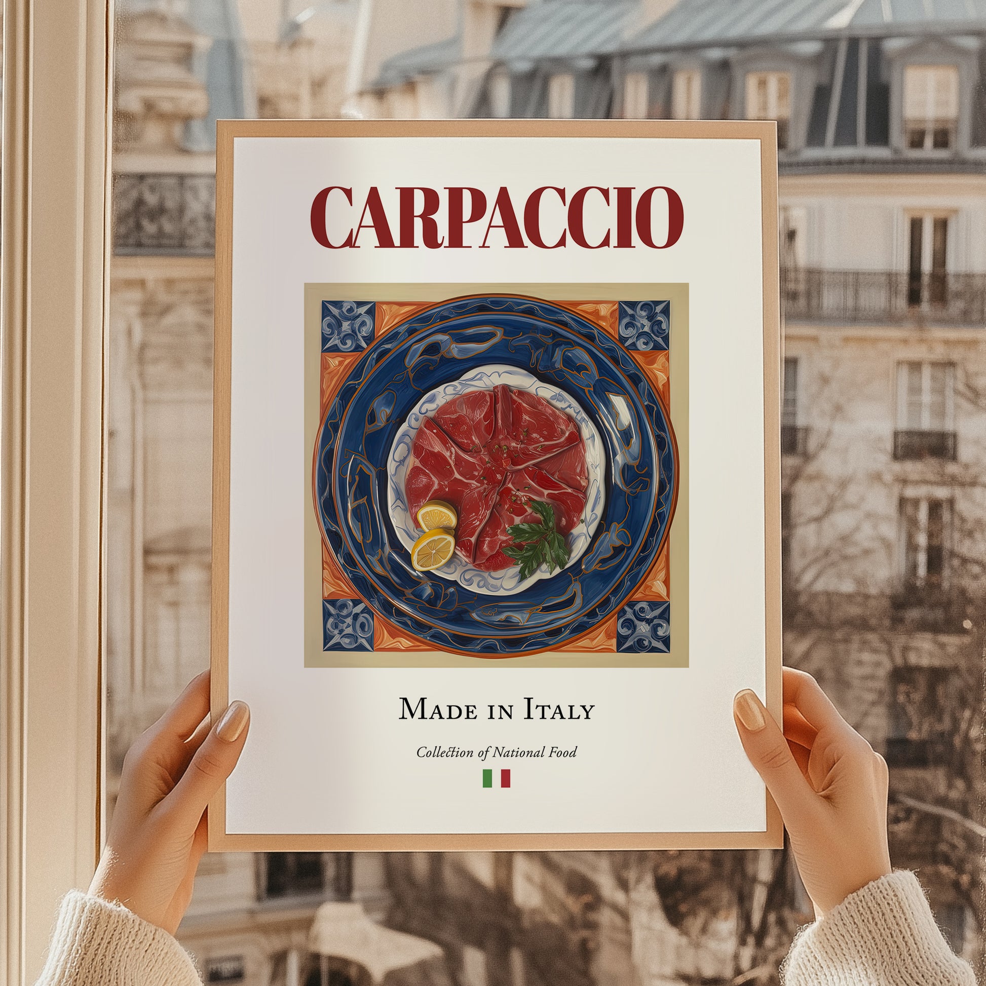 Carpaccio – Italian Meat Dish, Restaurant Poster, styled in a charming Paris street view