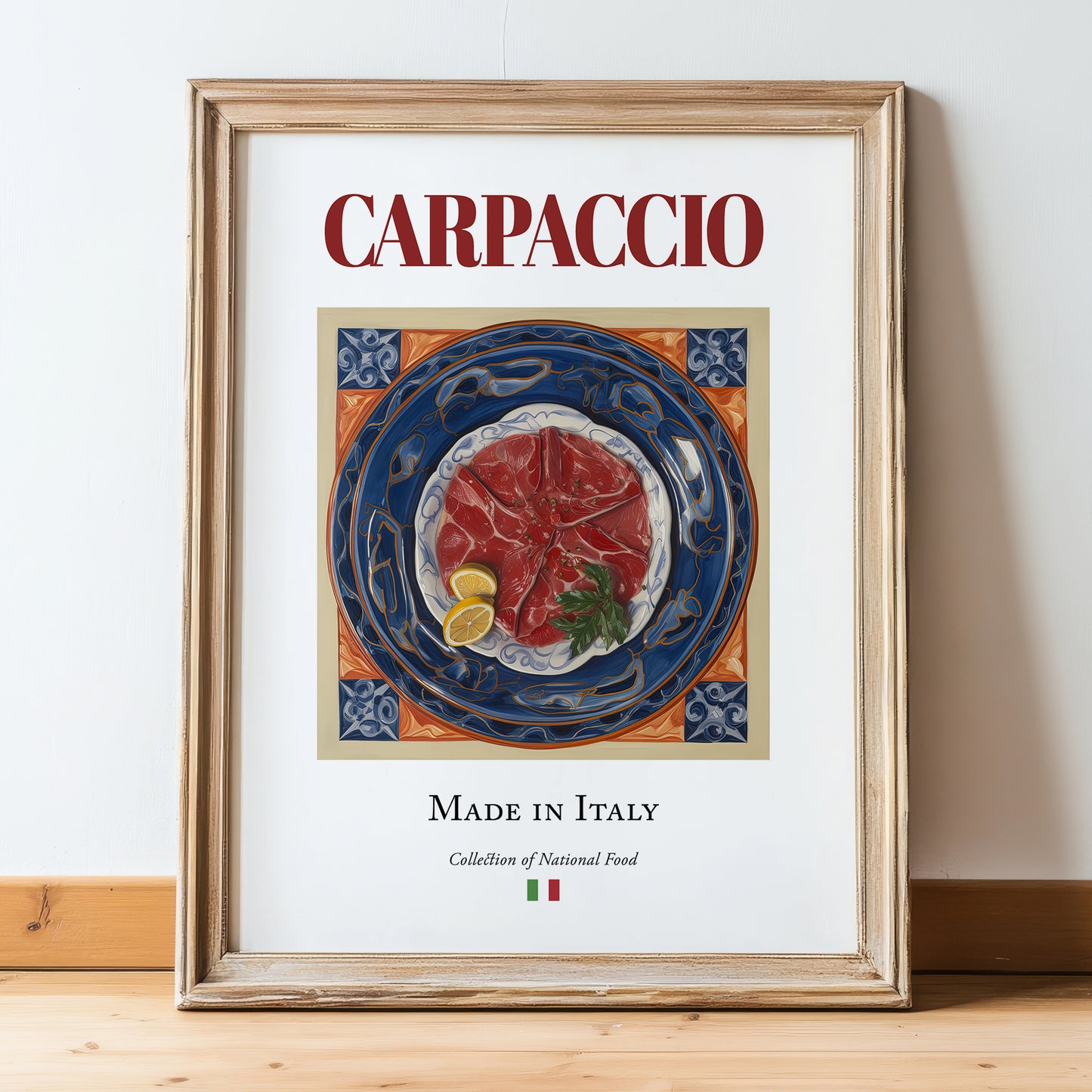 Carpaccio – Italian Meat Dish, Restaurant Poster, in wooden frame leaning on the floor