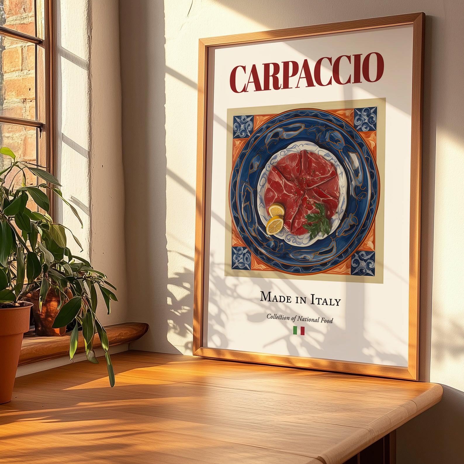 Carpaccio – Italian Meat Dish, Restaurant Poster, no-text version framed in wood
