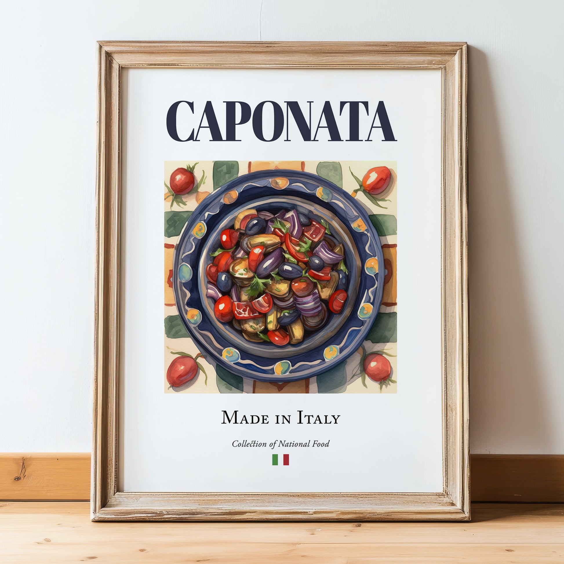 Caponata – Italian Dish, Bistro Art, in wooden frame leaning on the floor