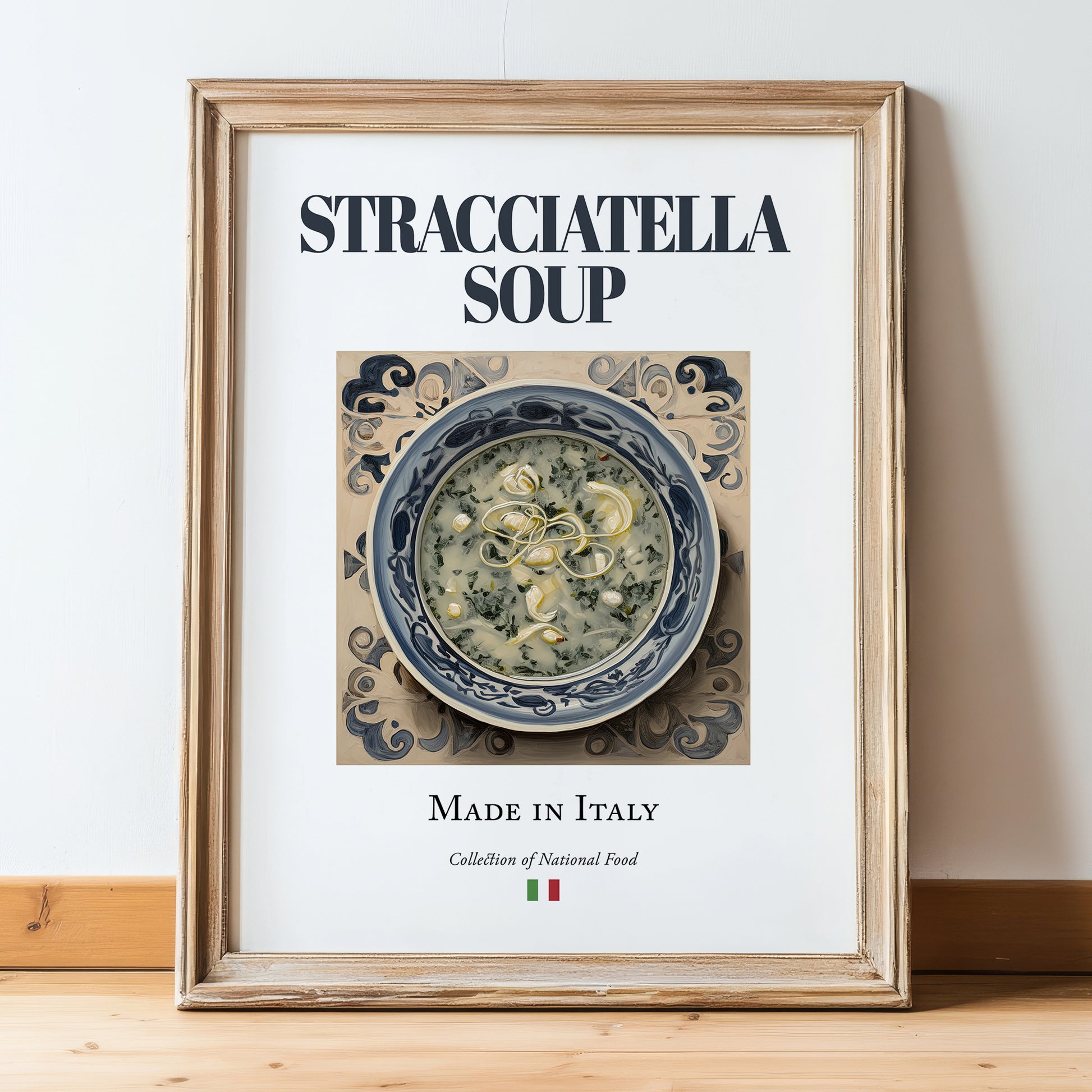 Stracciatella Soup – Italian Soup Dish, Bistro Wall Decor, in wooden frame leaning on the floor