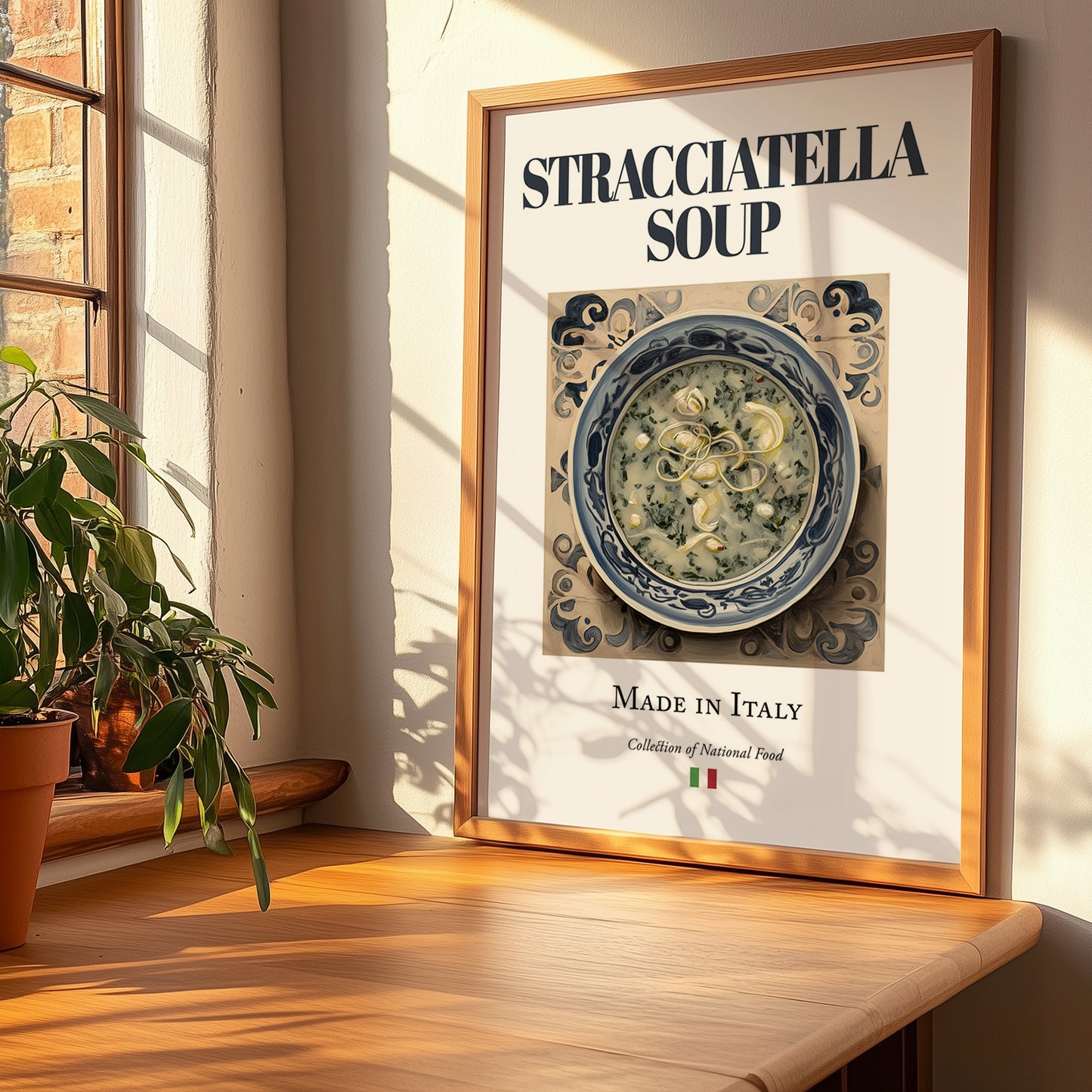 Stracciatella Soup – Italian Soup Dish, Bistro Wall Decor, no-text version framed in wood