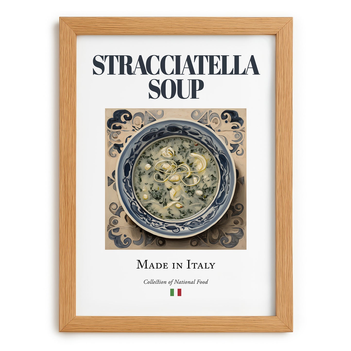 Stracciatella Soup – Italian Soup Dish, Bistro Wall Decor, set in oak frame