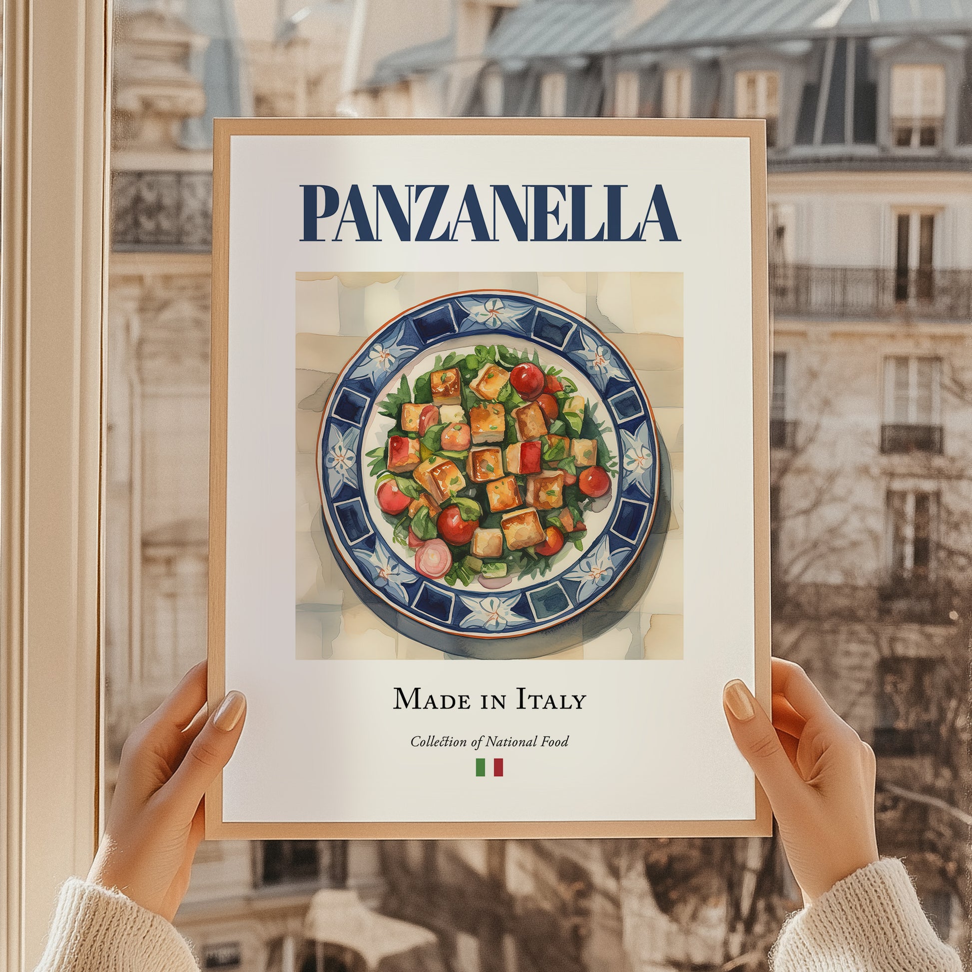 Panzanella – Italian Salad Dish, Tavern Print, styled in a charming Paris street view
