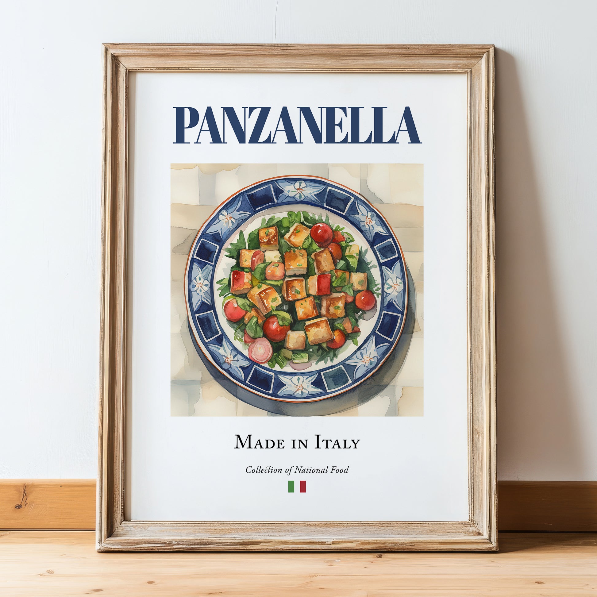 Panzanella – Italian Salad Dish, Tavern Print, in wooden frame leaning on the floor